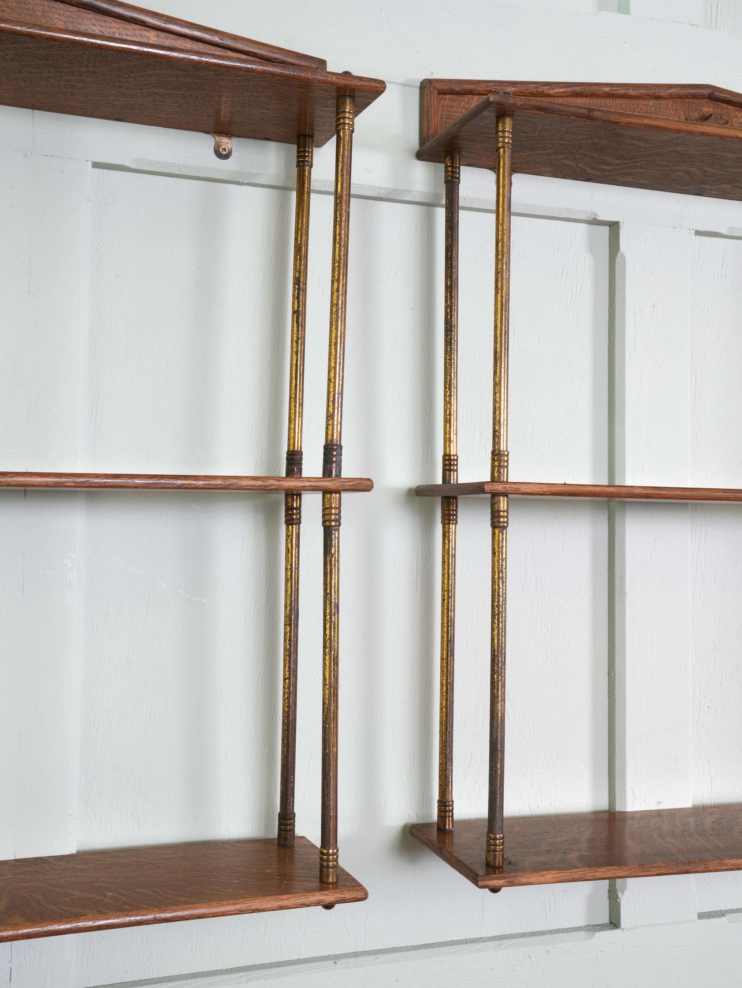 A Pair of Gilt Brass & Oak Hanging Shelves