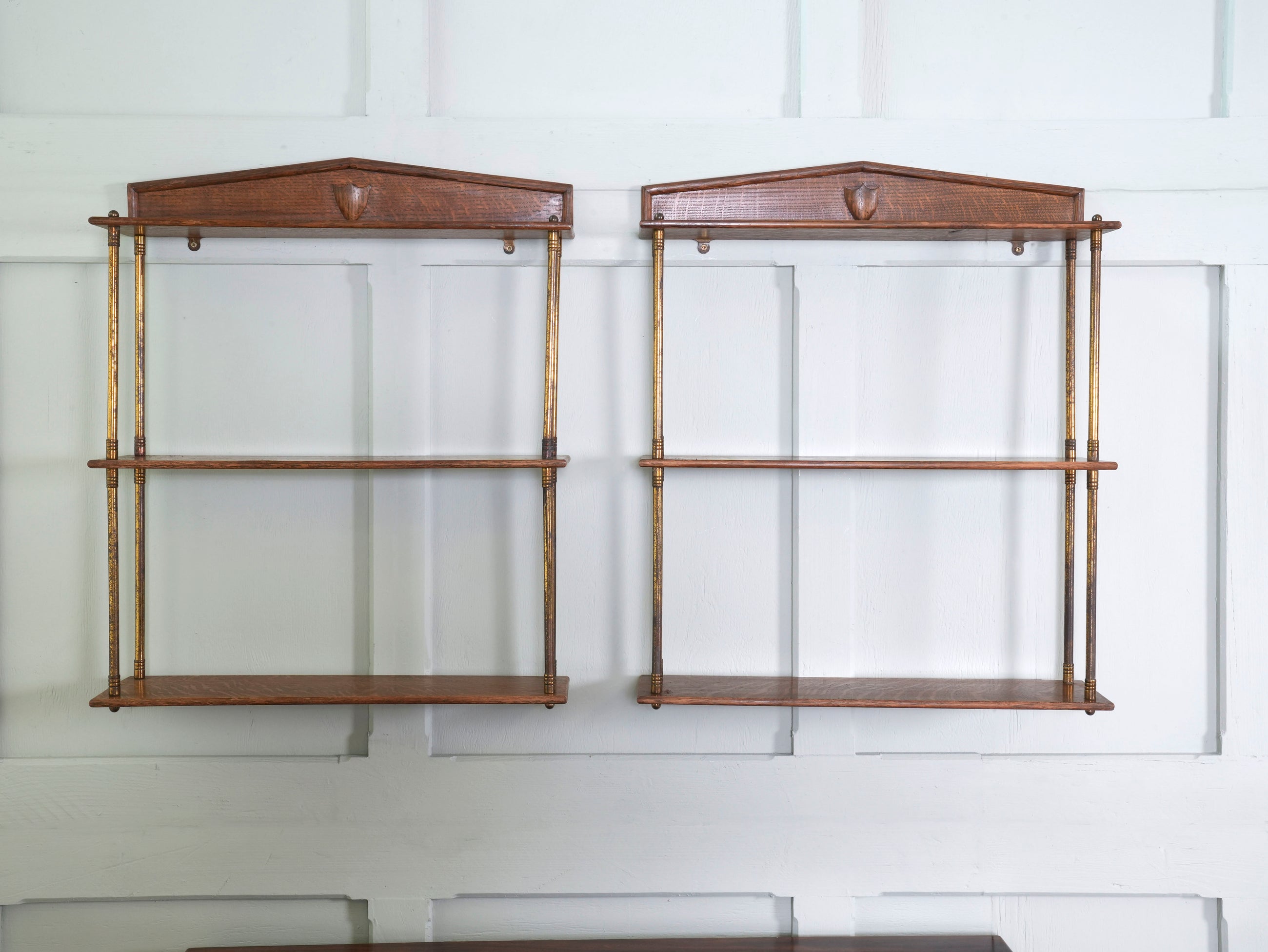 A Pair of Gilt Brass & Oak Hanging Shelves