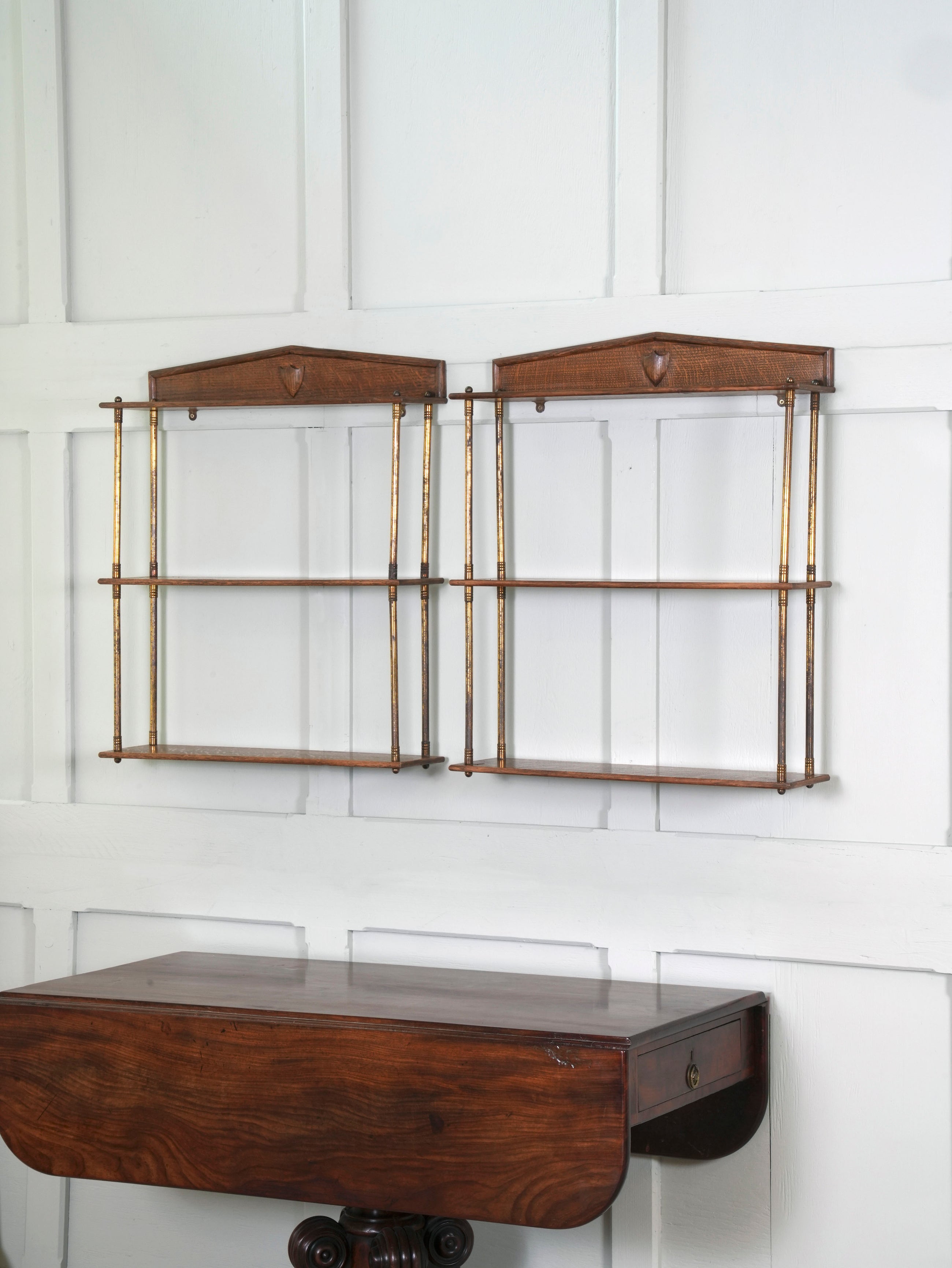 A Pair of Gilt Brass & Oak Hanging Shelves