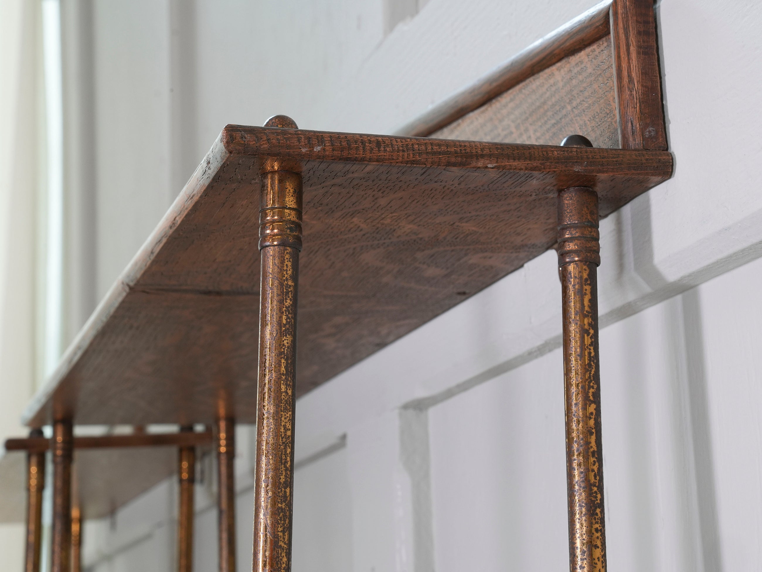 A Pair of Gilt Brass & Oak Hanging Shelves
