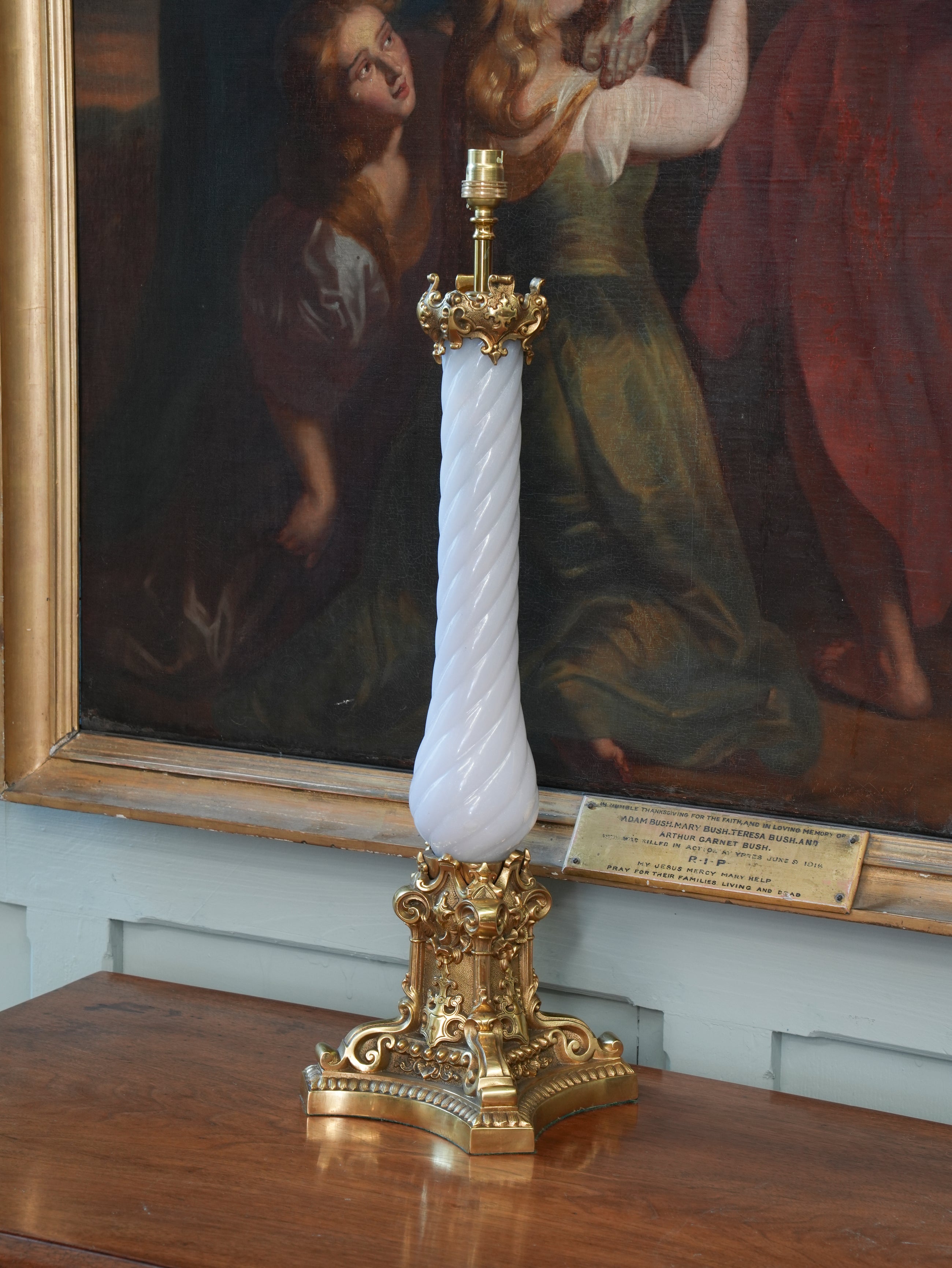 A Large Polished Brass & Opaline Glass Table Lamp