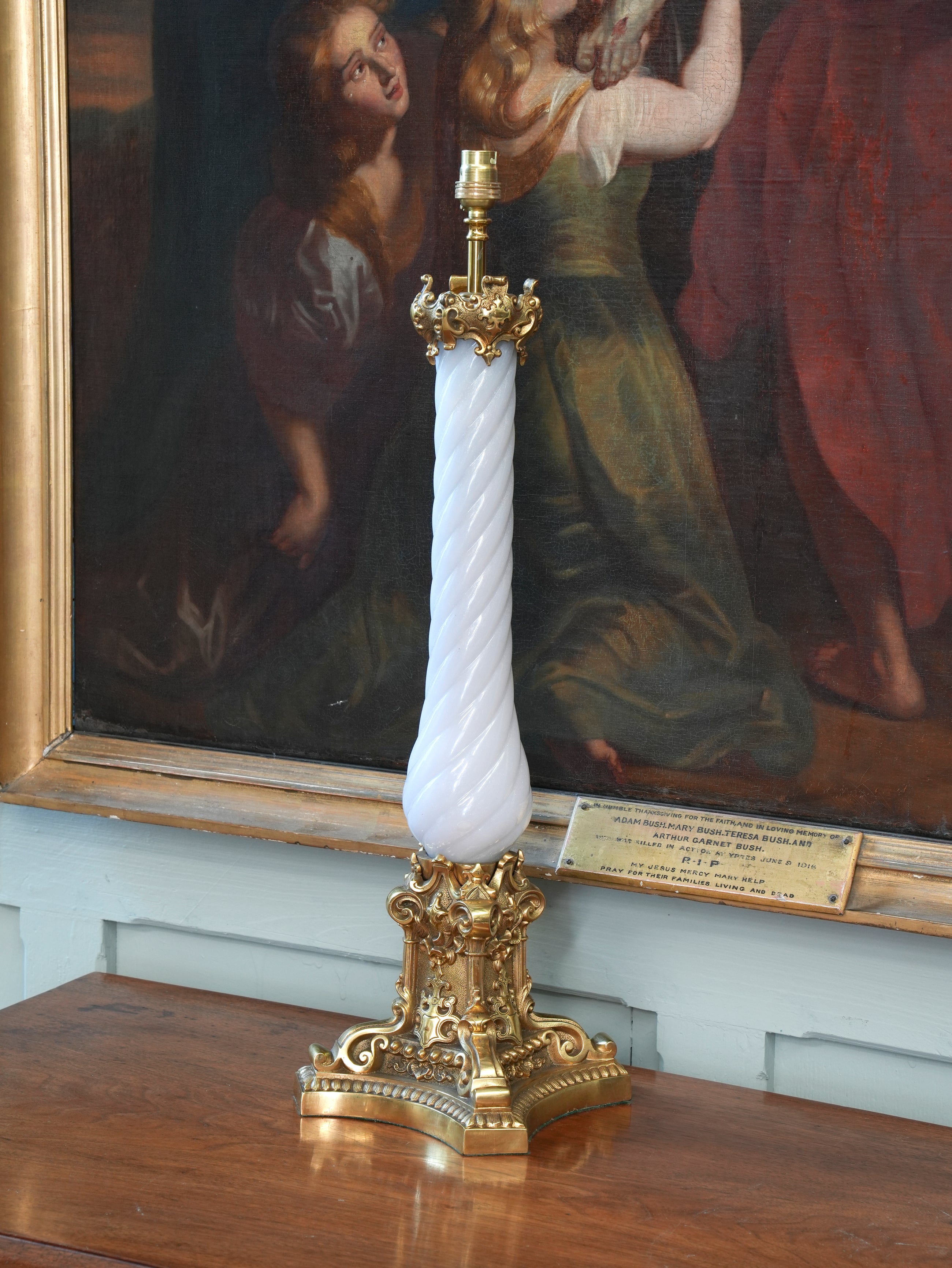 A Large Polished Brass & Opaline Glass Table Lamp