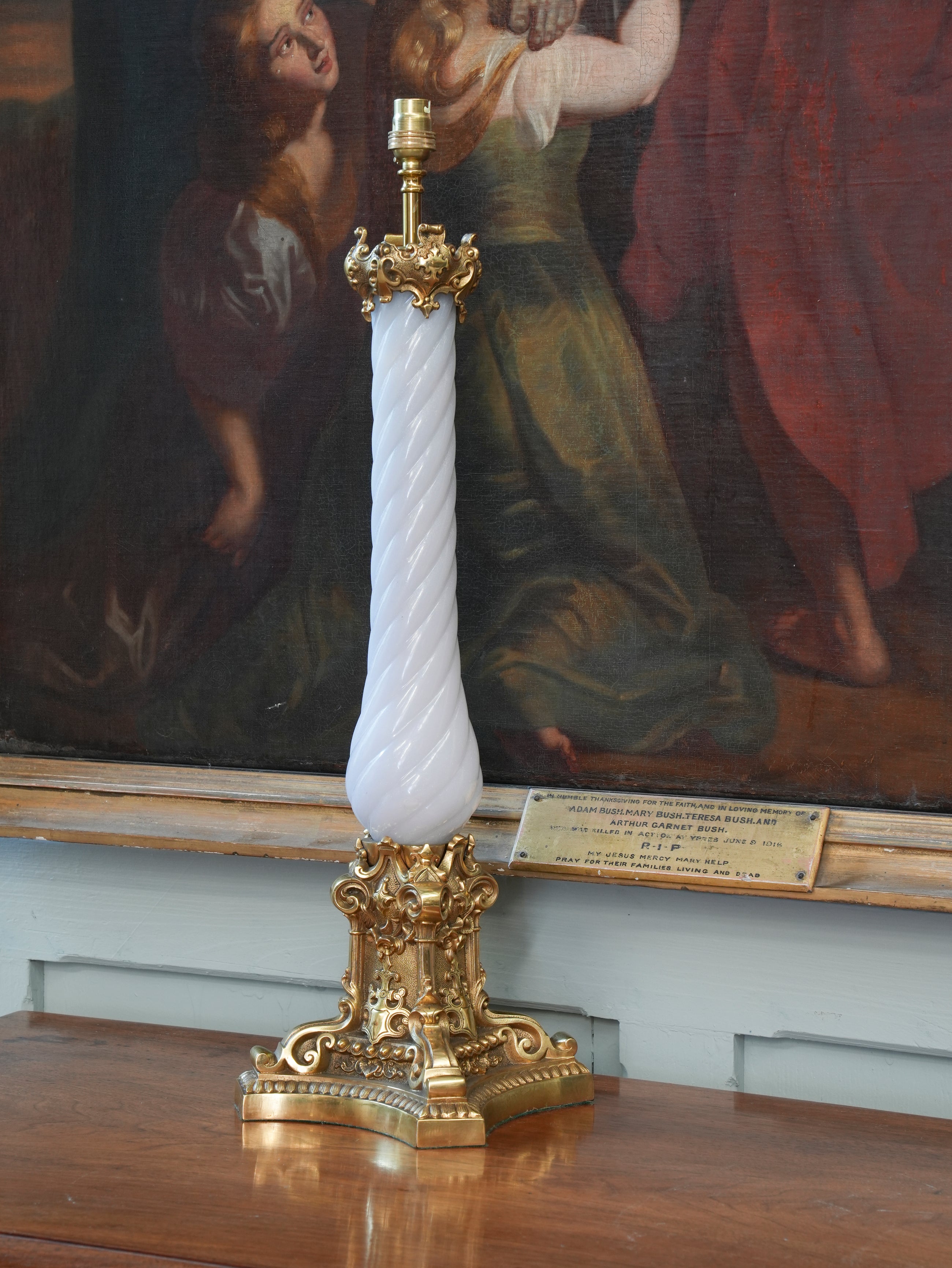 A Large Polished Brass & Opaline Glass Table Lamp