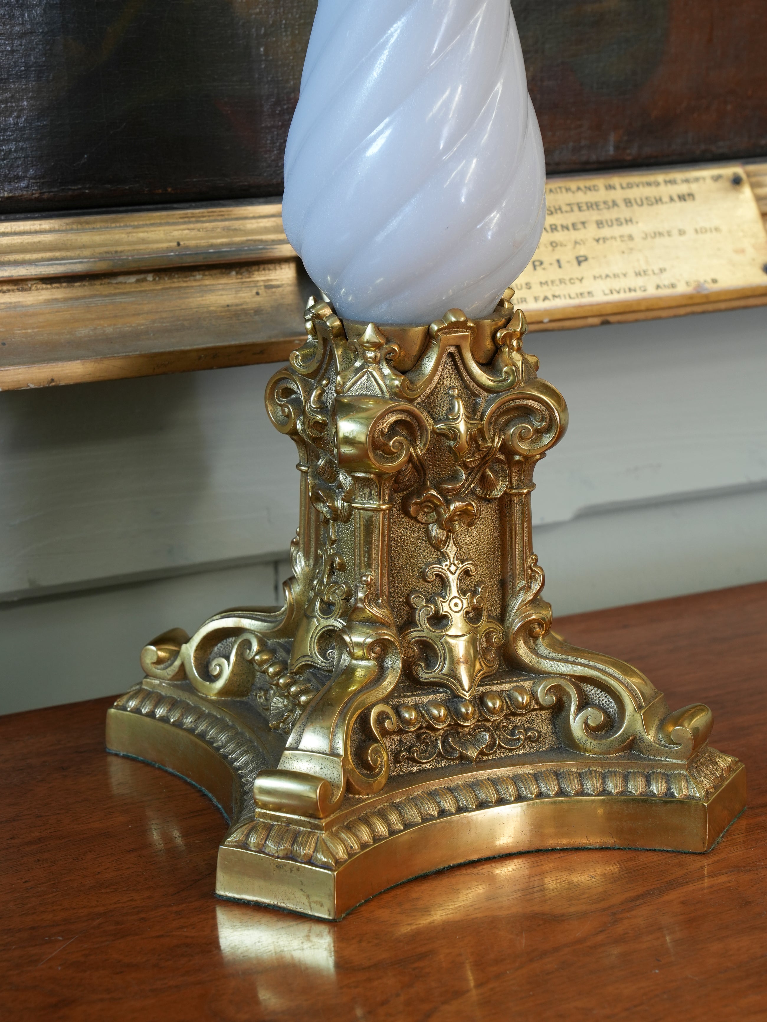 A Large Polished Brass & Opaline Glass Table Lamp