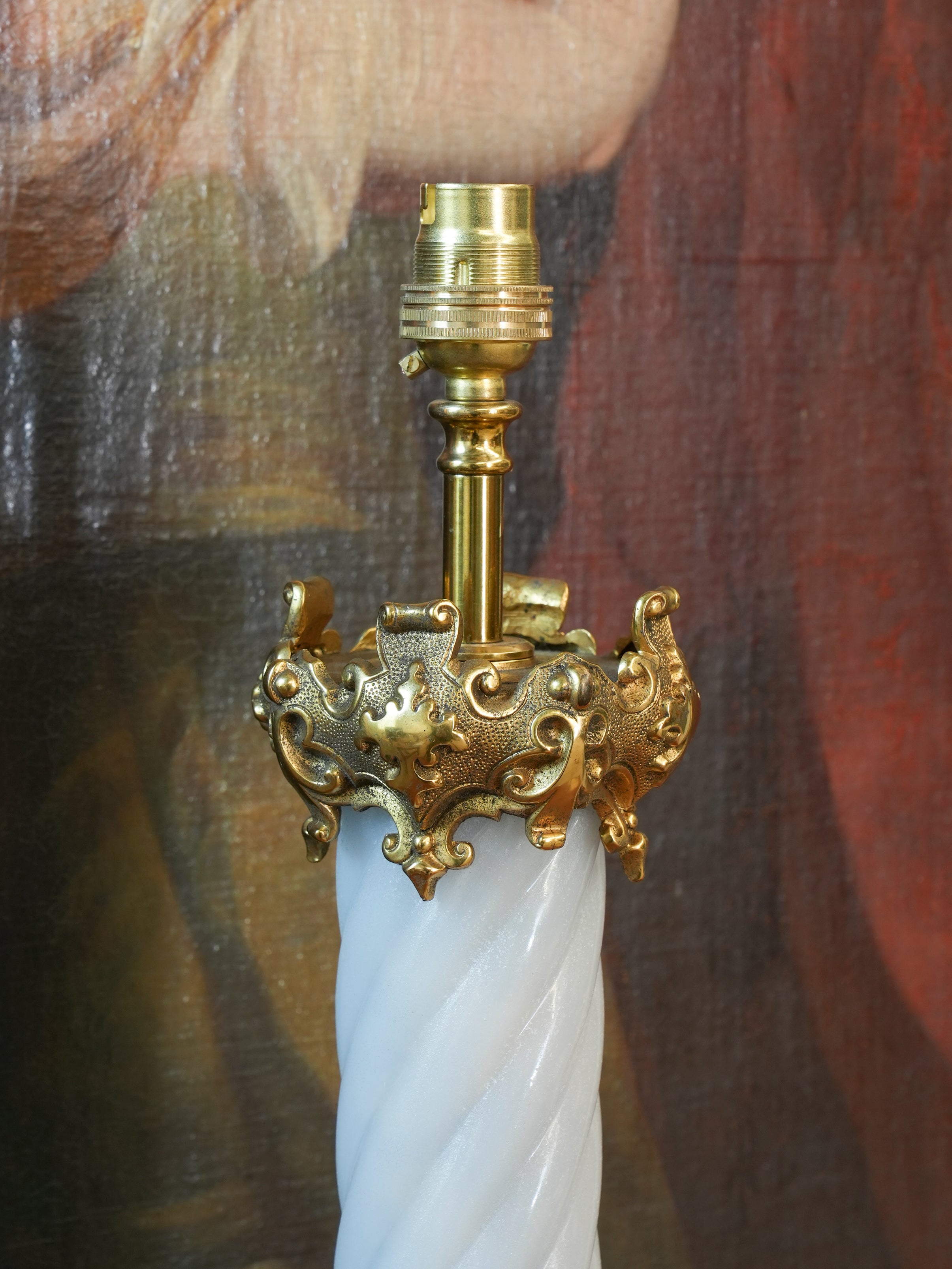 A Large Polished Brass & Opaline Glass Table Lamp