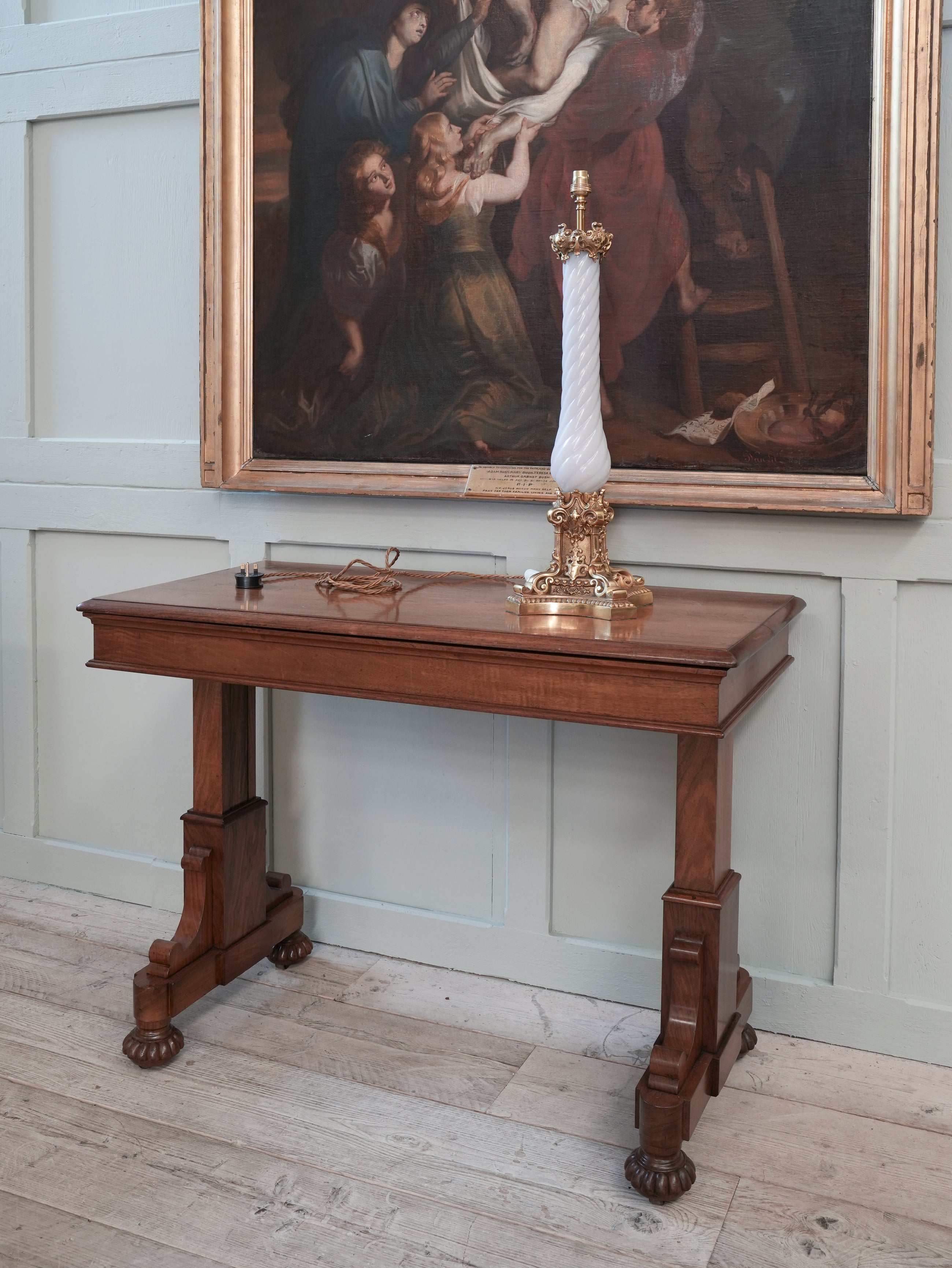 A Large Polished Brass & Opaline Glass Table Lamp