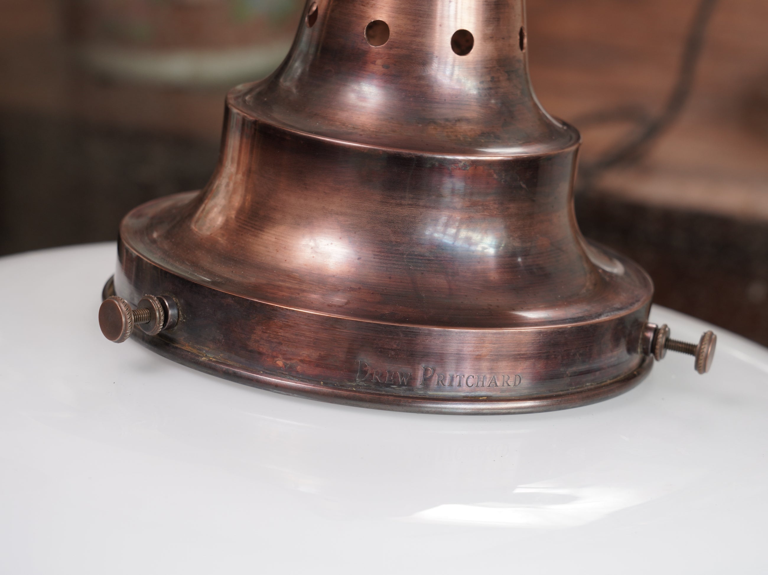 The Capel Bach Opaline Glass Pendant in Patinated Copper