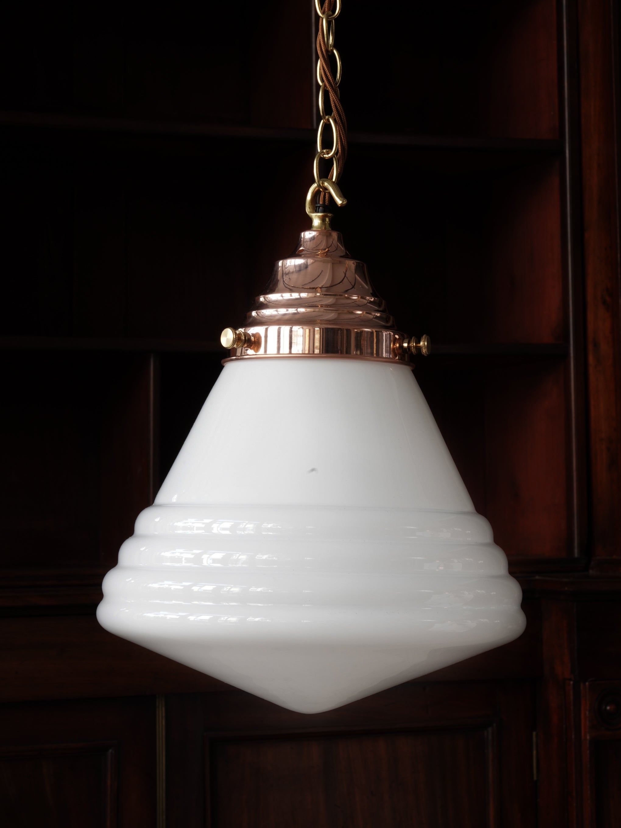 The Grace Opaline Glass Pendant Light in Polished Copper