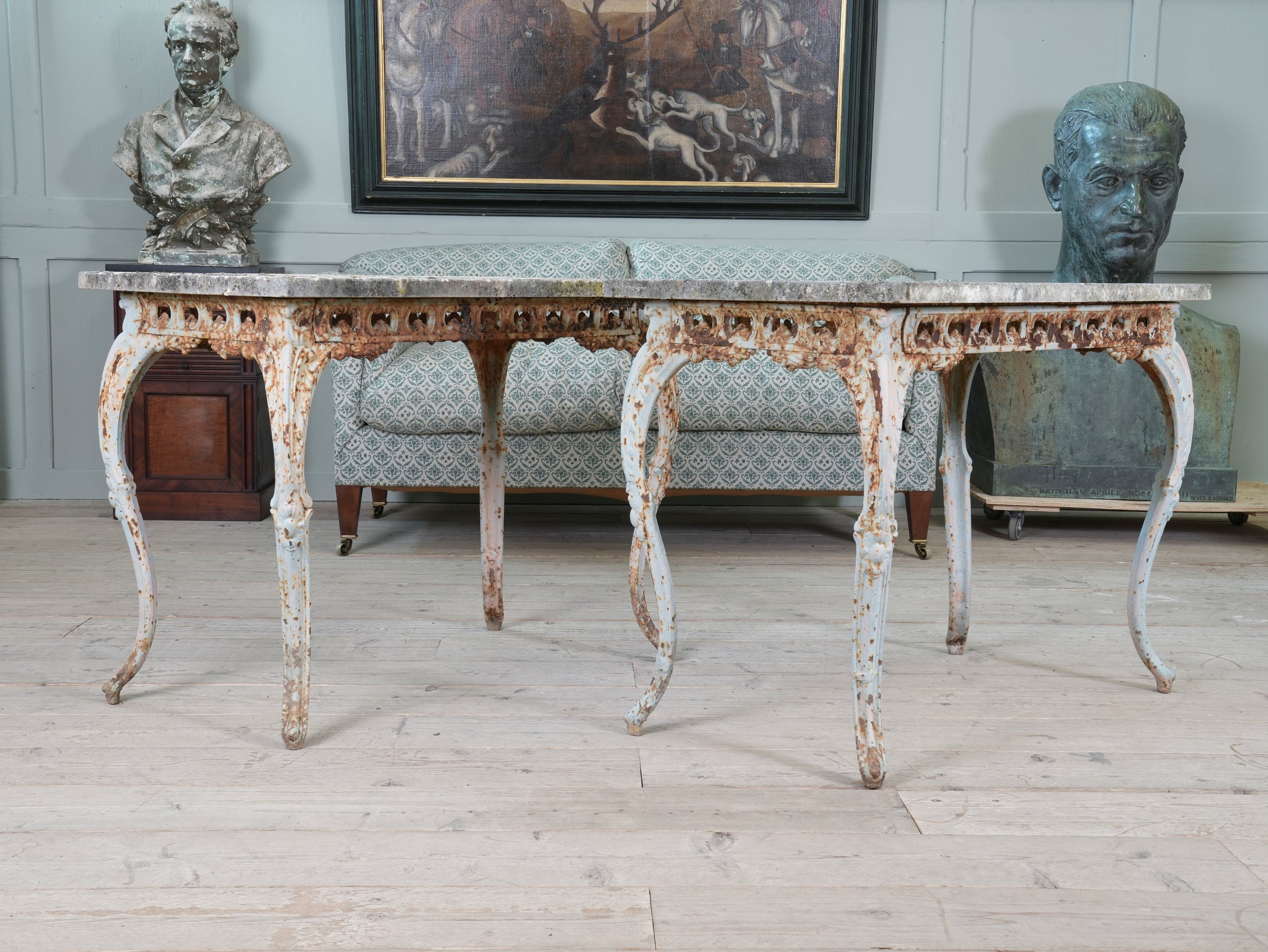 A Pair of Travertine Marble & Cast Iron Orangery Tables