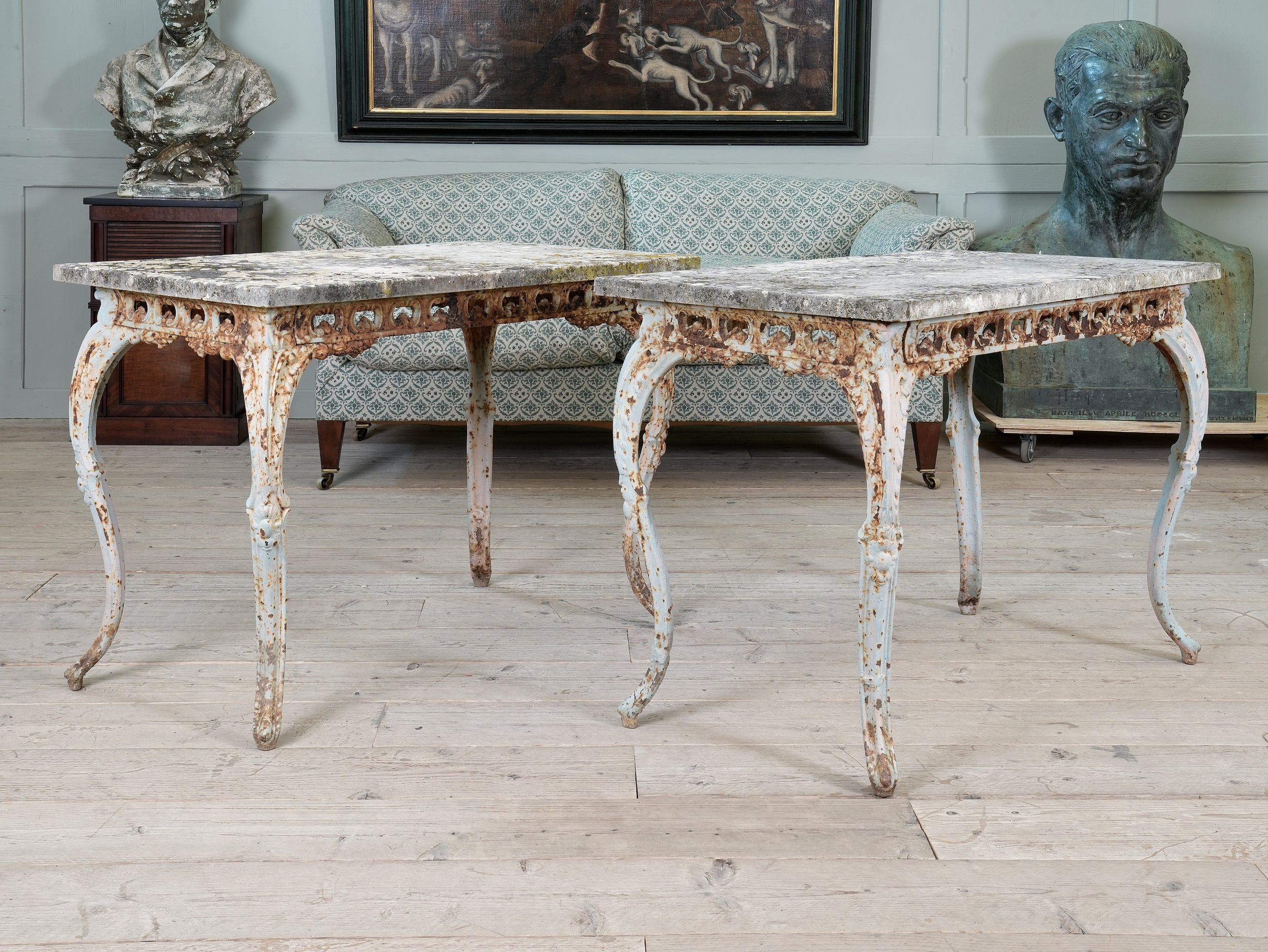 A Pair of Travertine Marble & Cast Iron Orangery Tables