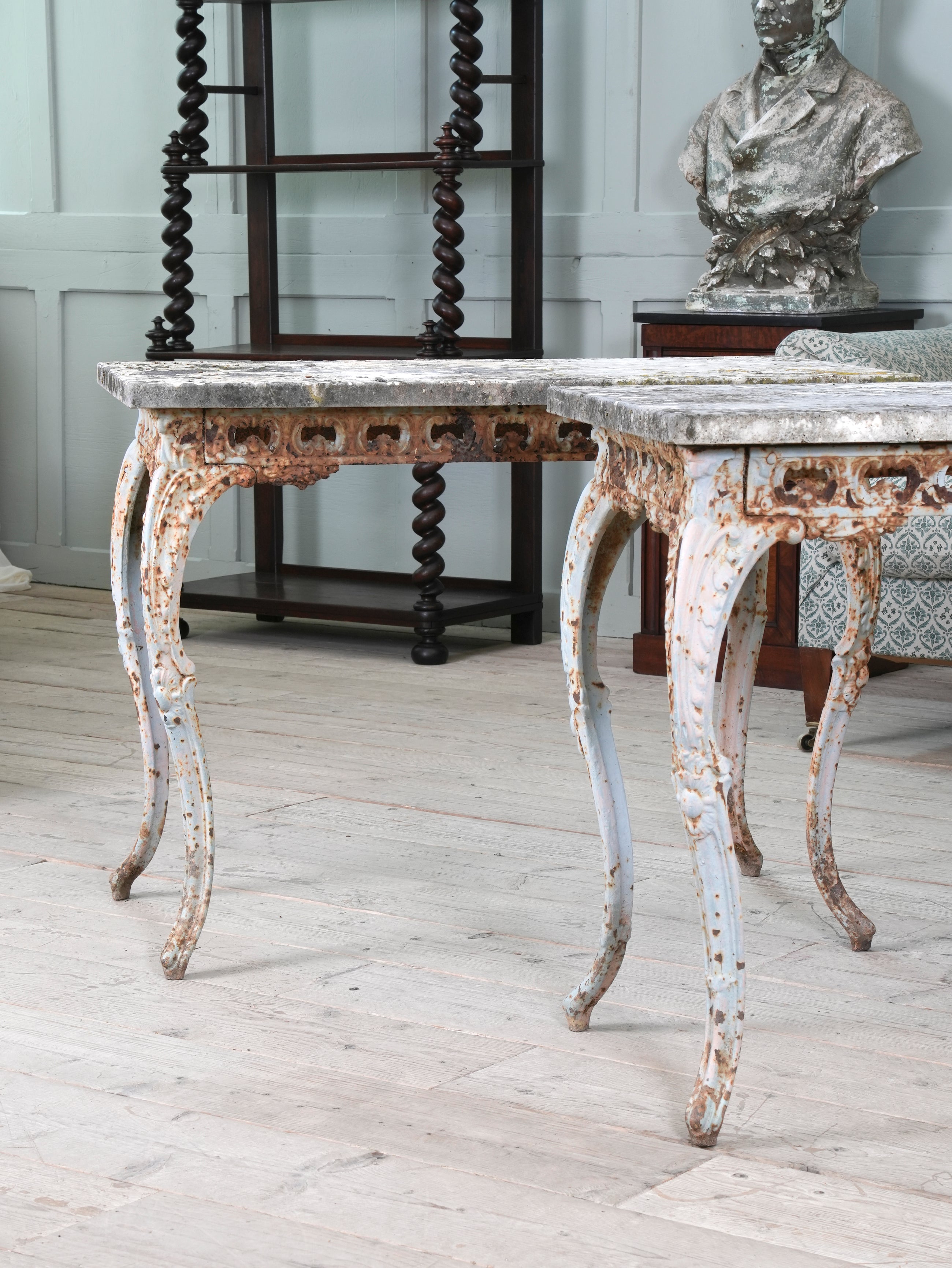 A Pair of Travertine Marble & Cast Iron Orangery Tables