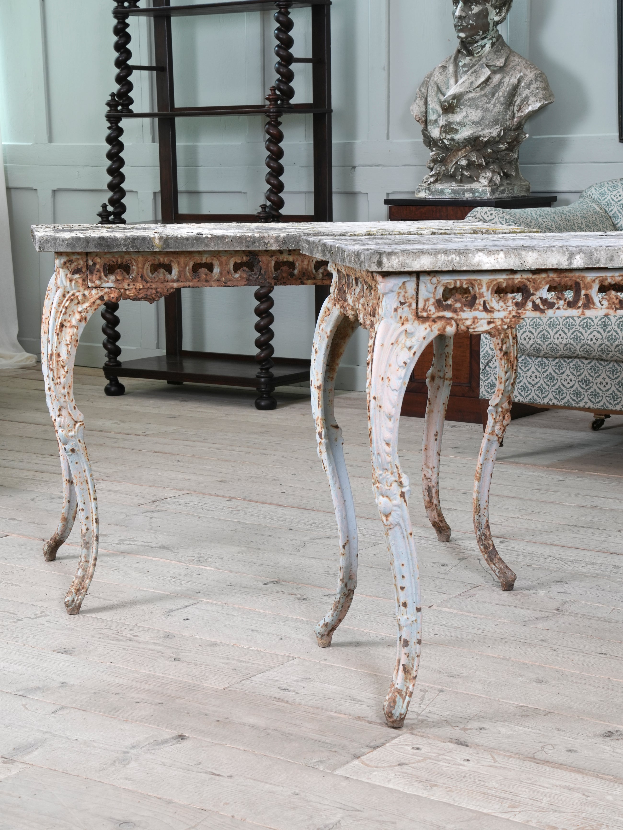 A Pair of Travertine Marble & Cast Iron Orangery Tables