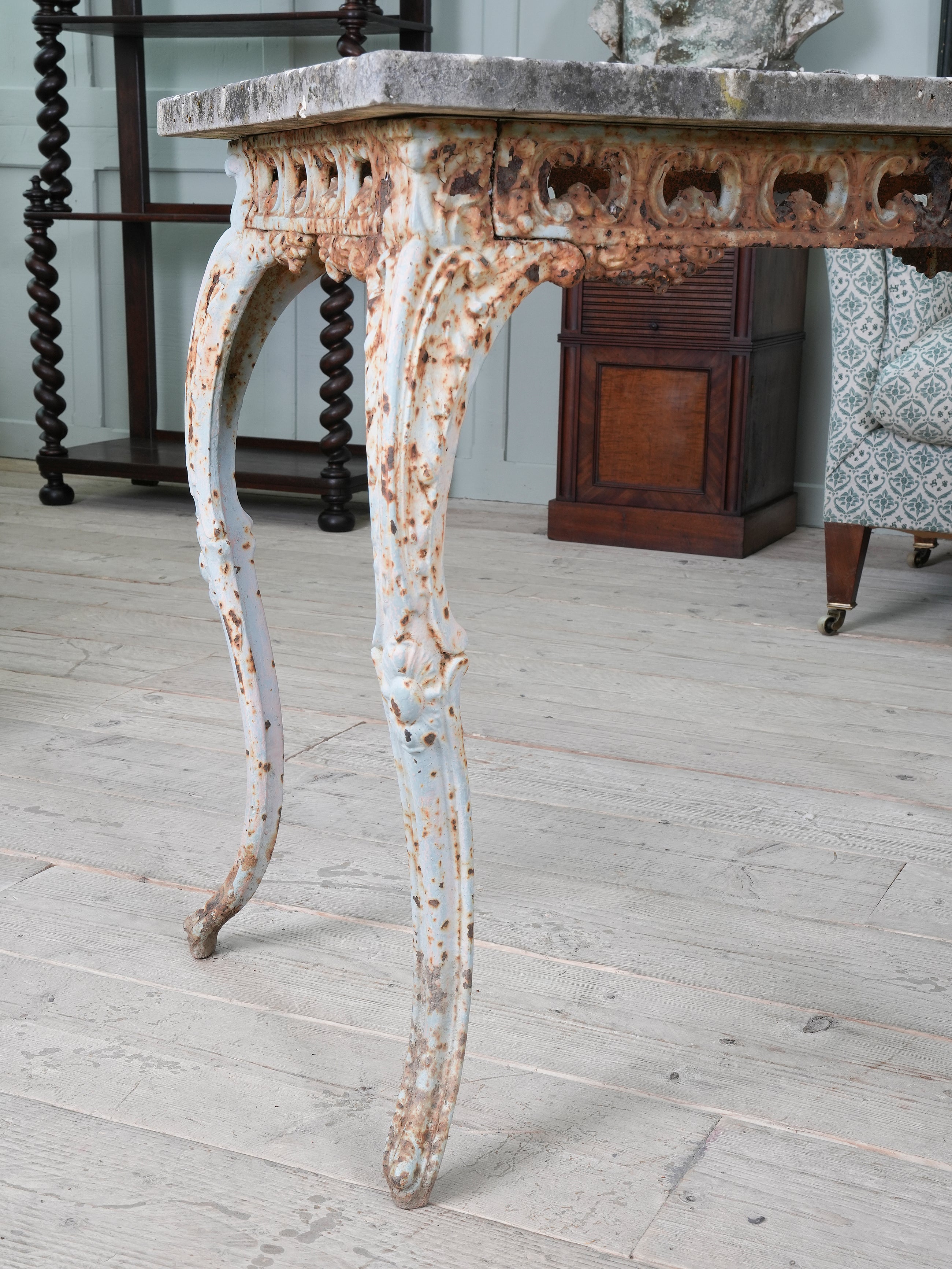 A Pair of Travertine Marble & Cast Iron Orangery Tables