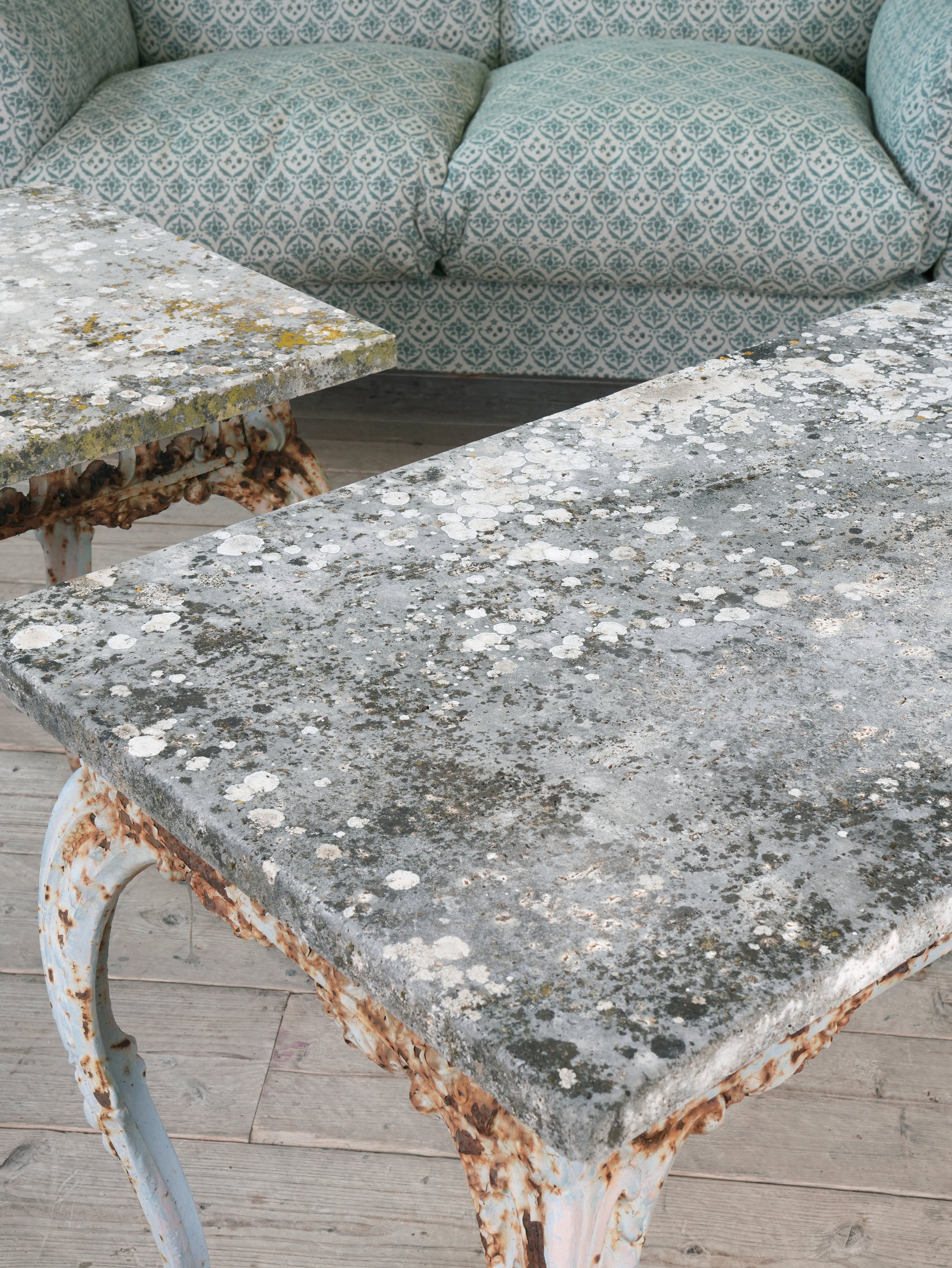 A Pair of Travertine Marble & Cast Iron Orangery Tables