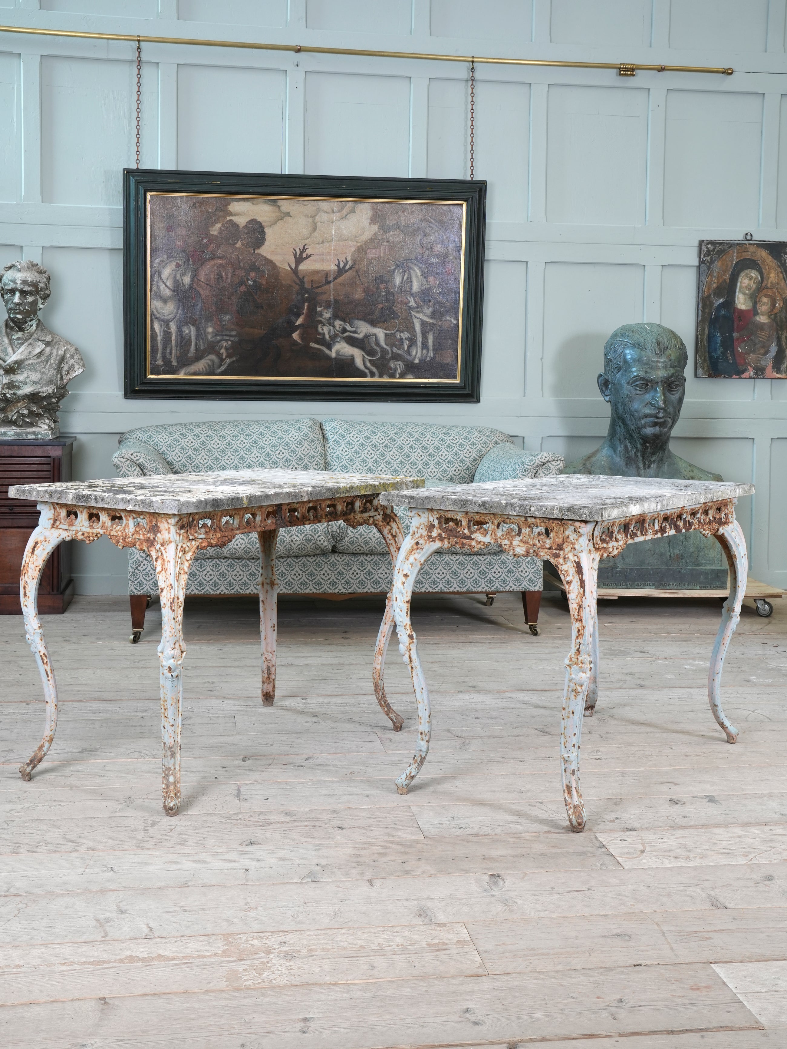 A Pair of Travertine Marble & Cast Iron Orangery Tables