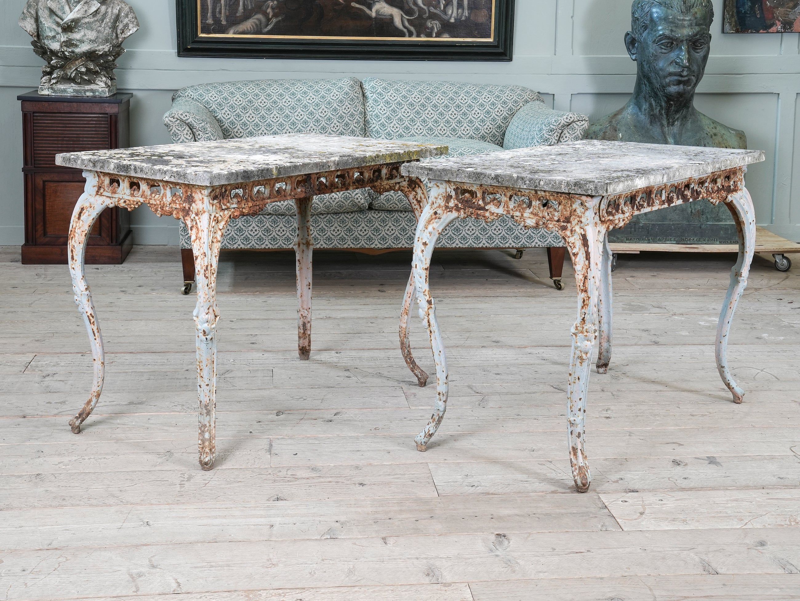 A Pair of Travertine Marble & Cast Iron Orangery Tables