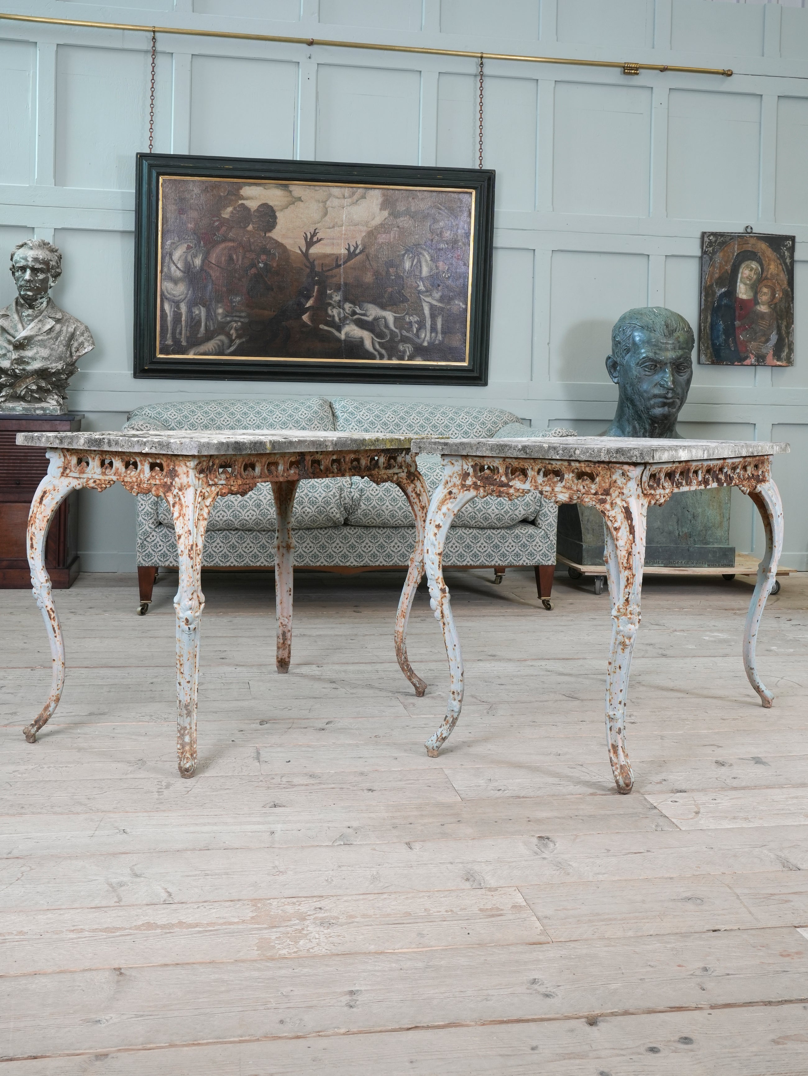 A Pair of Travertine Marble & Cast Iron Orangery Tables