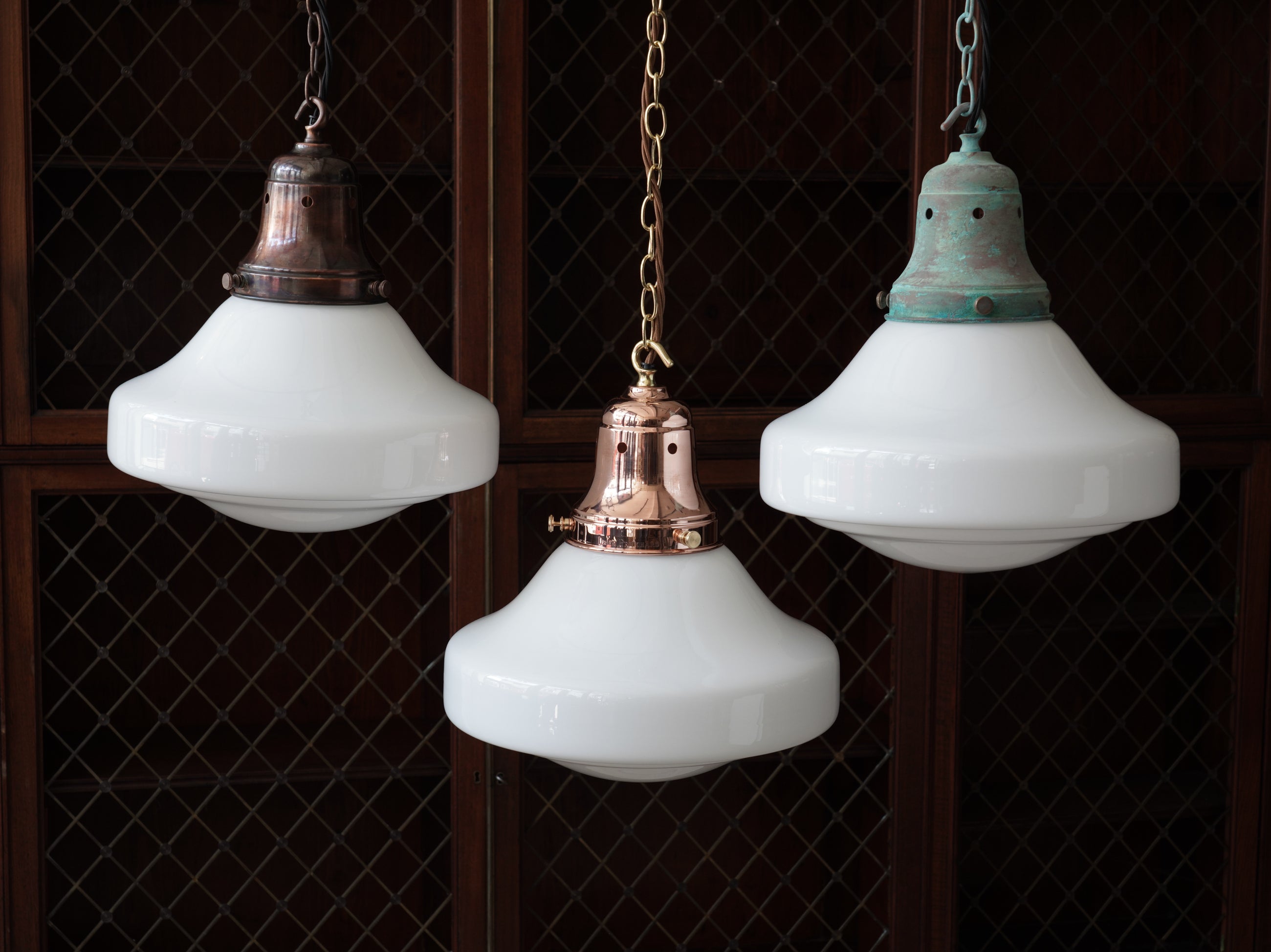 The Ellis Opaline Glass Pendant in Polished Copper