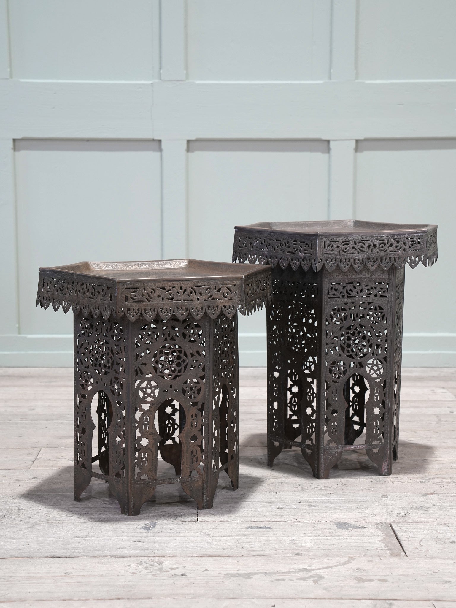 A Pair of Pierced Brass Moroccan Side Tables