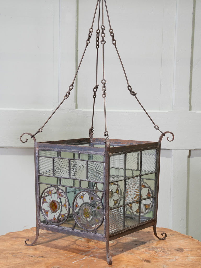 A Wrought Iron & Stained Glass Arts & Crafts Lantern Drew Pritchard Ltd