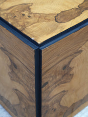 A Book matched Veneer & Ebonised Cube Pedestal Side Table