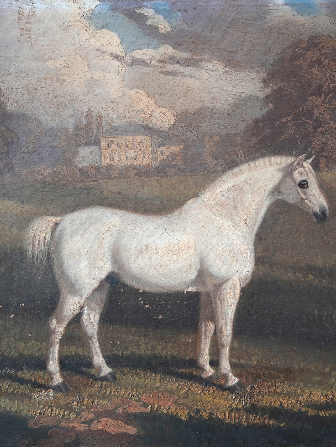 An Oil on Canvas of a White Pony in a Landscape