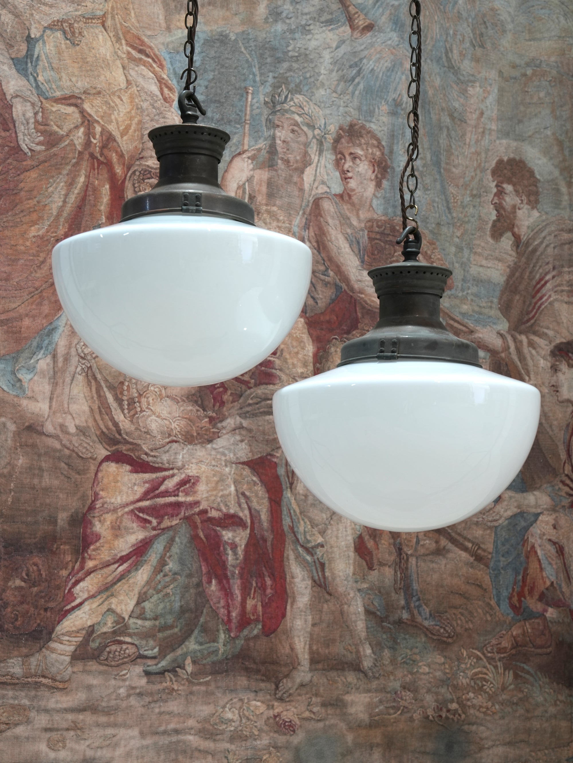 A Pair of Large Opaline Glass Pendant Lights