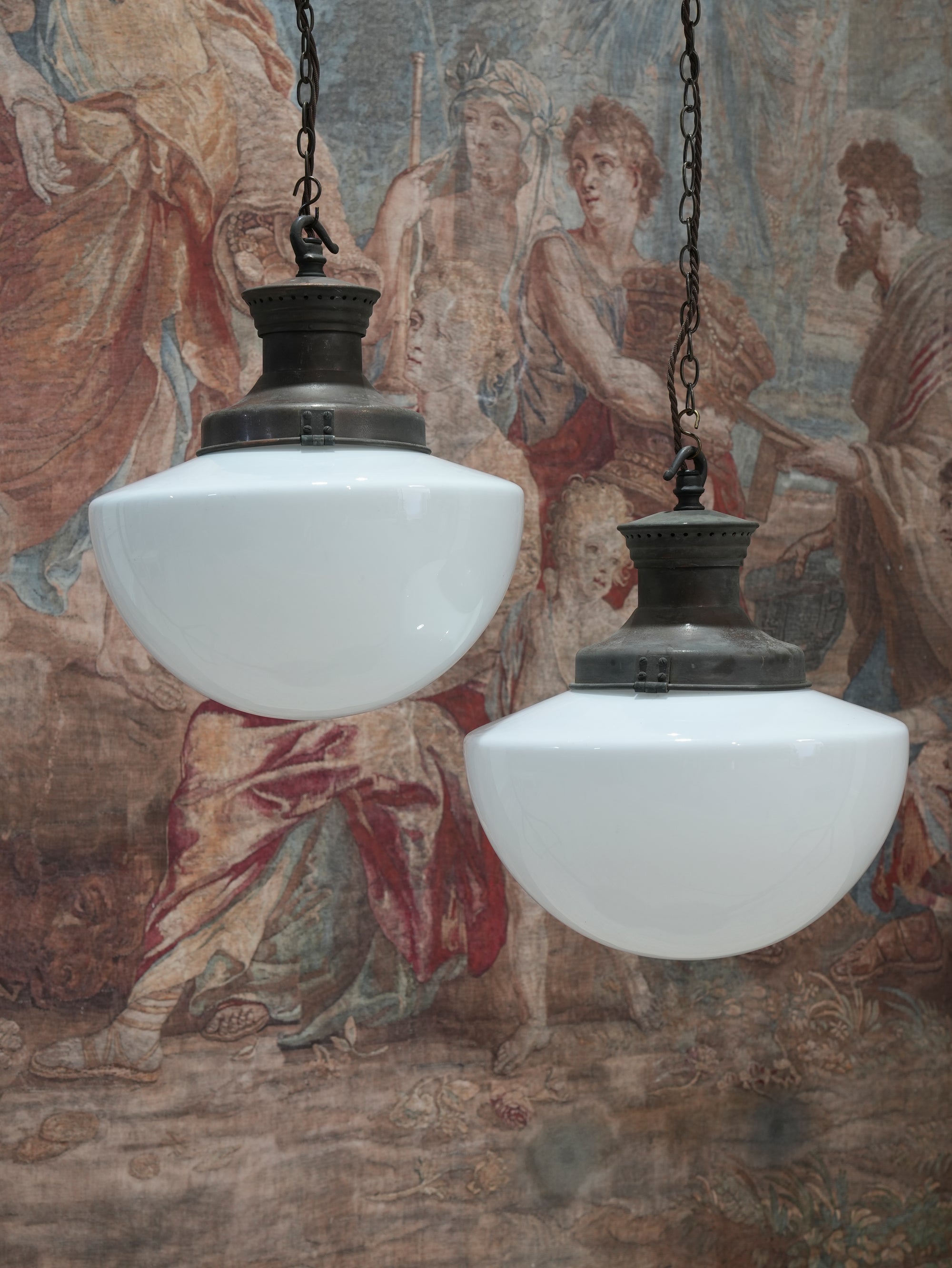 A Pair of Large Opaline Glass Pendant Lights
