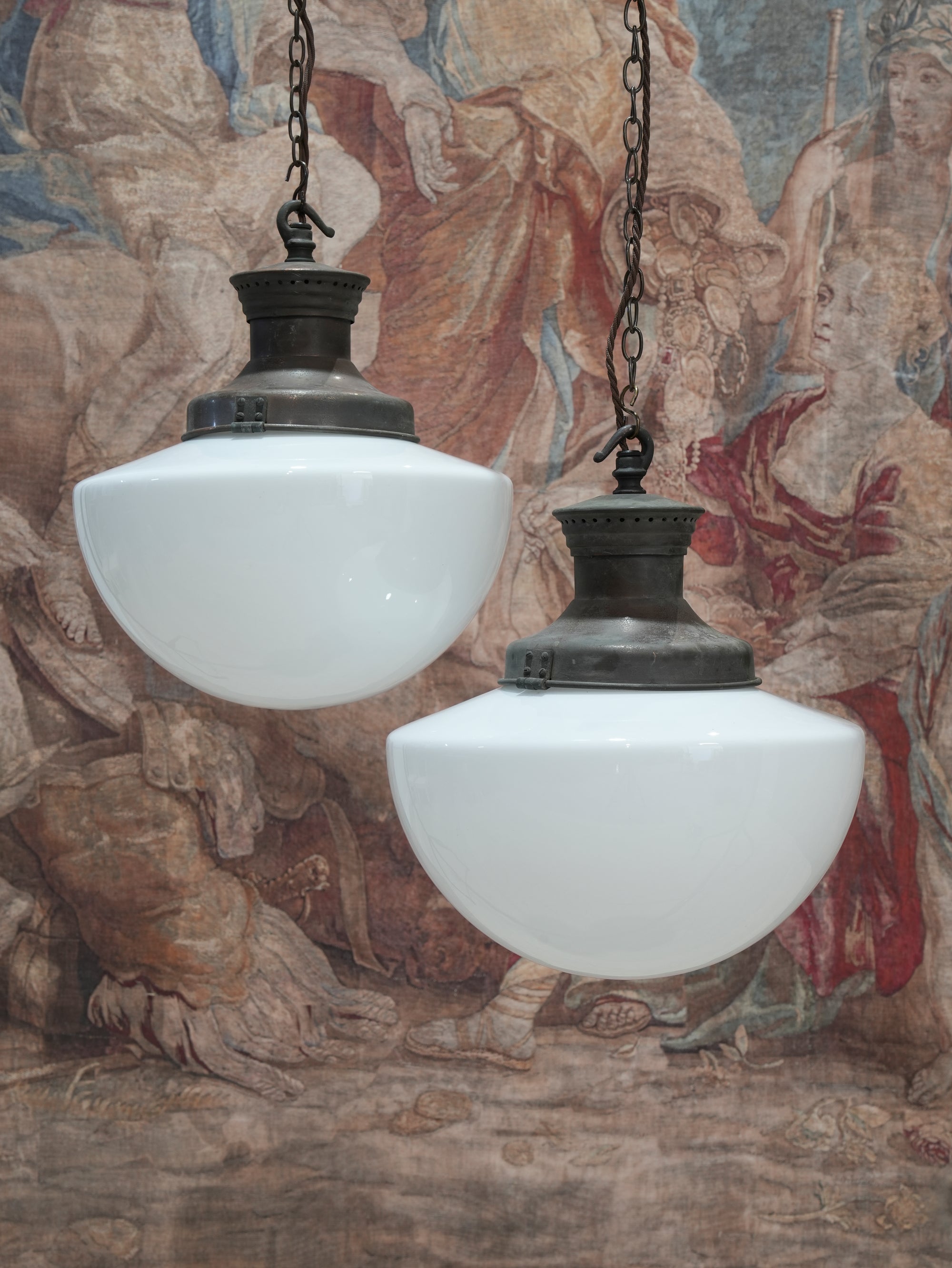 A Pair of Large Opaline Glass Pendant Lights