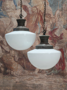 A Pair of Large Opaline Glass Pendant Lights