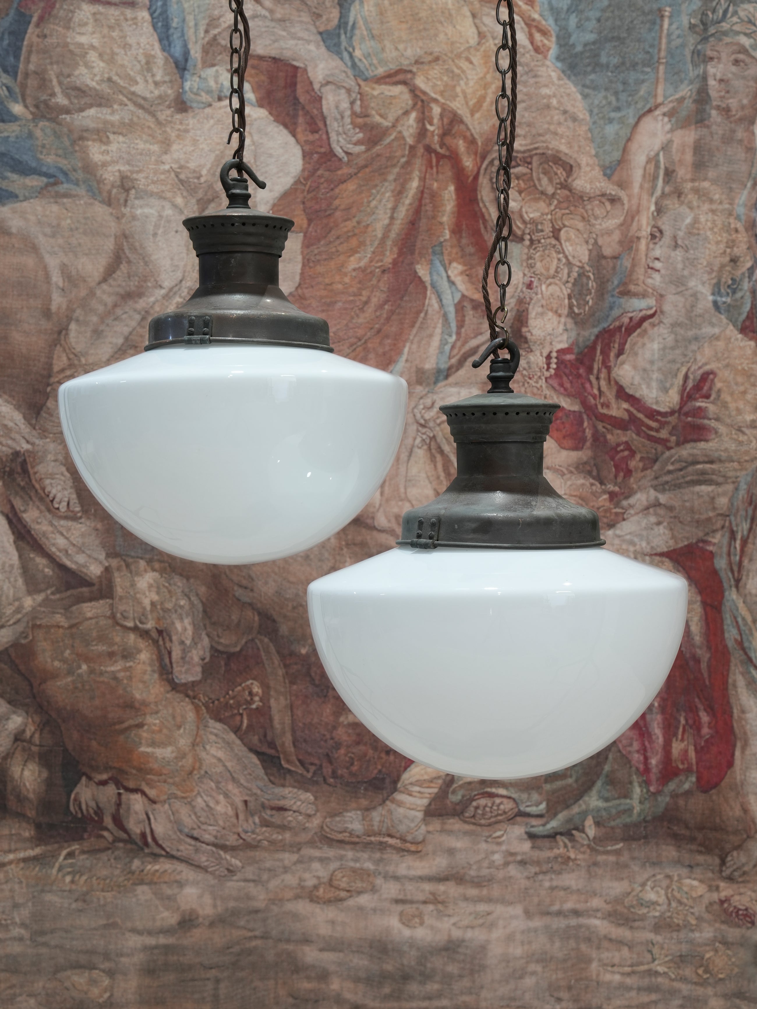 A Pair of Large Opaline Glass Pendant Lights
