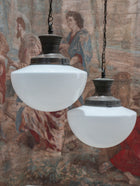 A Pair of Large Opaline Glass Pendant Lights