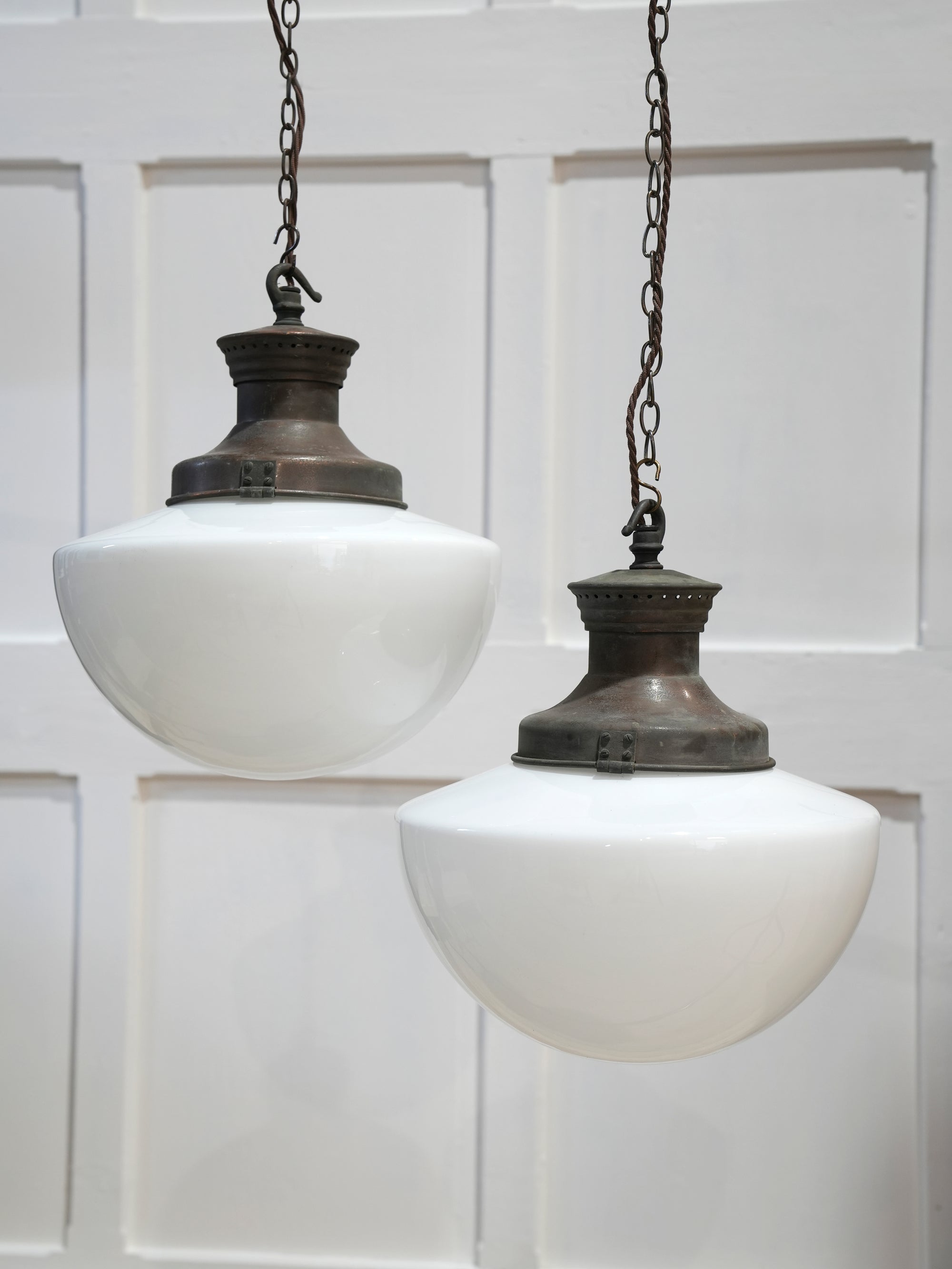 A Pair of Large Opaline Glass Pendant Lights