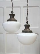 A Pair of Large Opaline Glass Pendant Lights