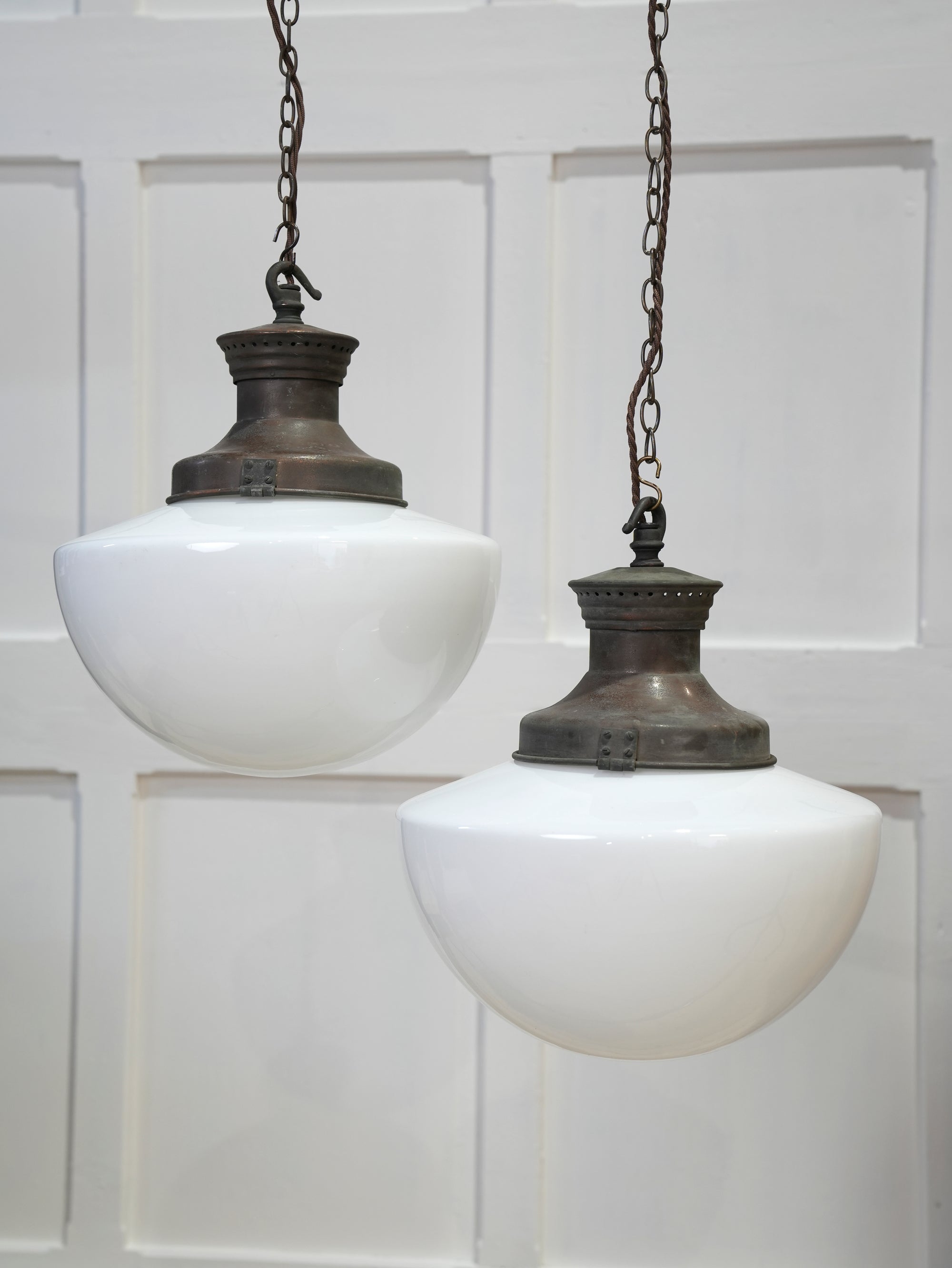 A Pair of Large Opaline Glass Pendant Lights
