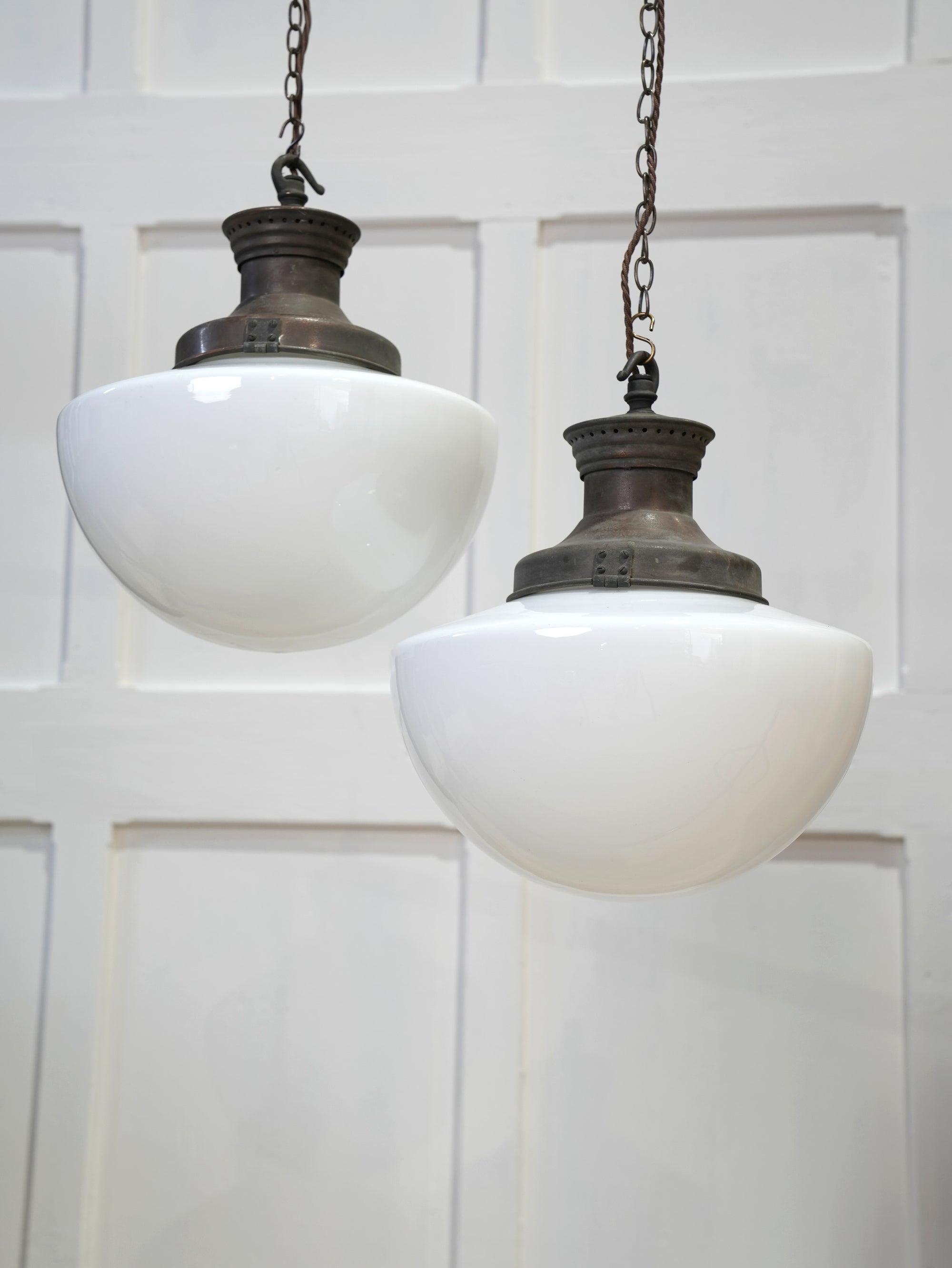 A Pair of Large Opaline Glass Pendant Lights