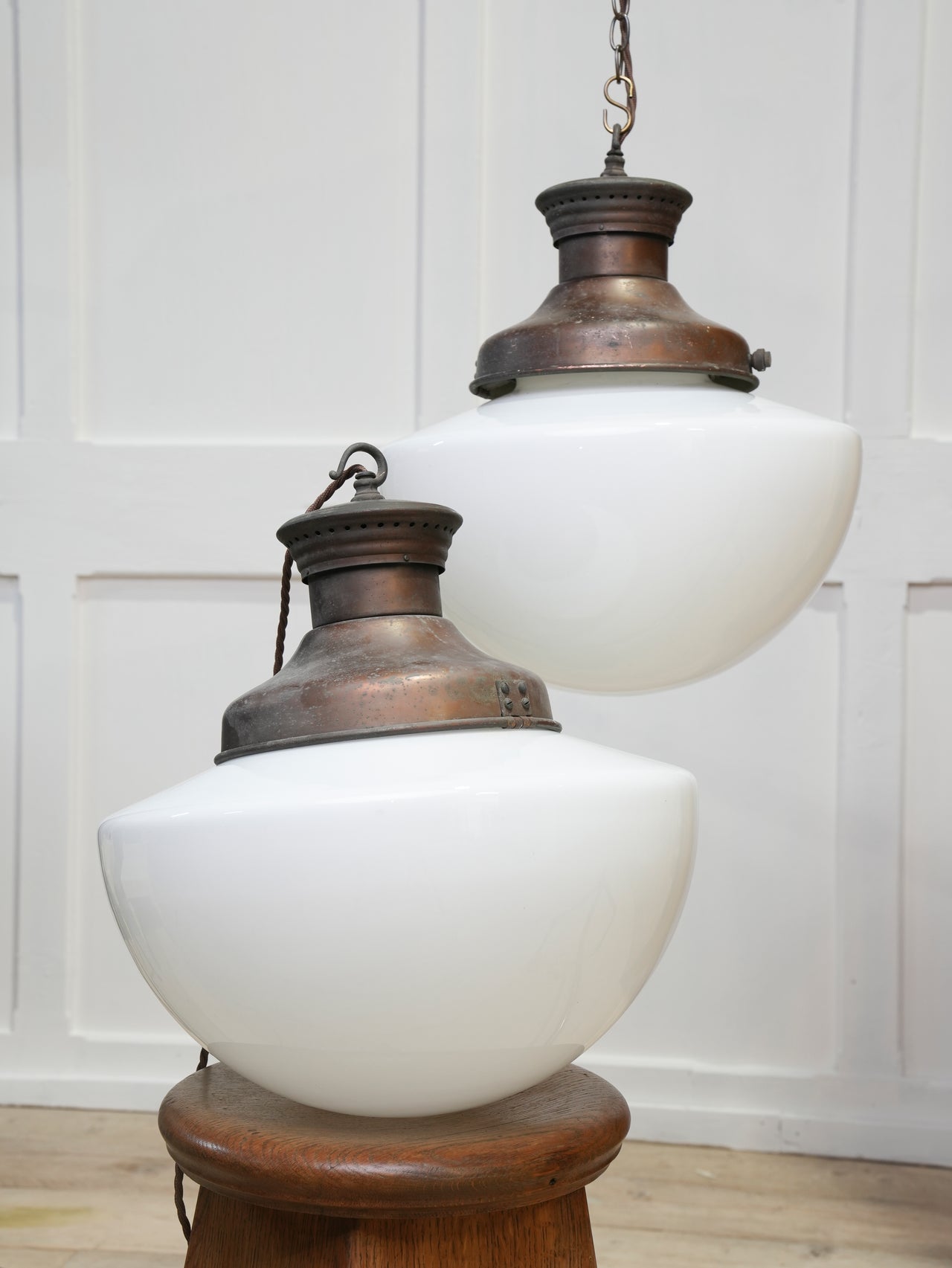 A Pair of Half Round Opaline Pendant Lights