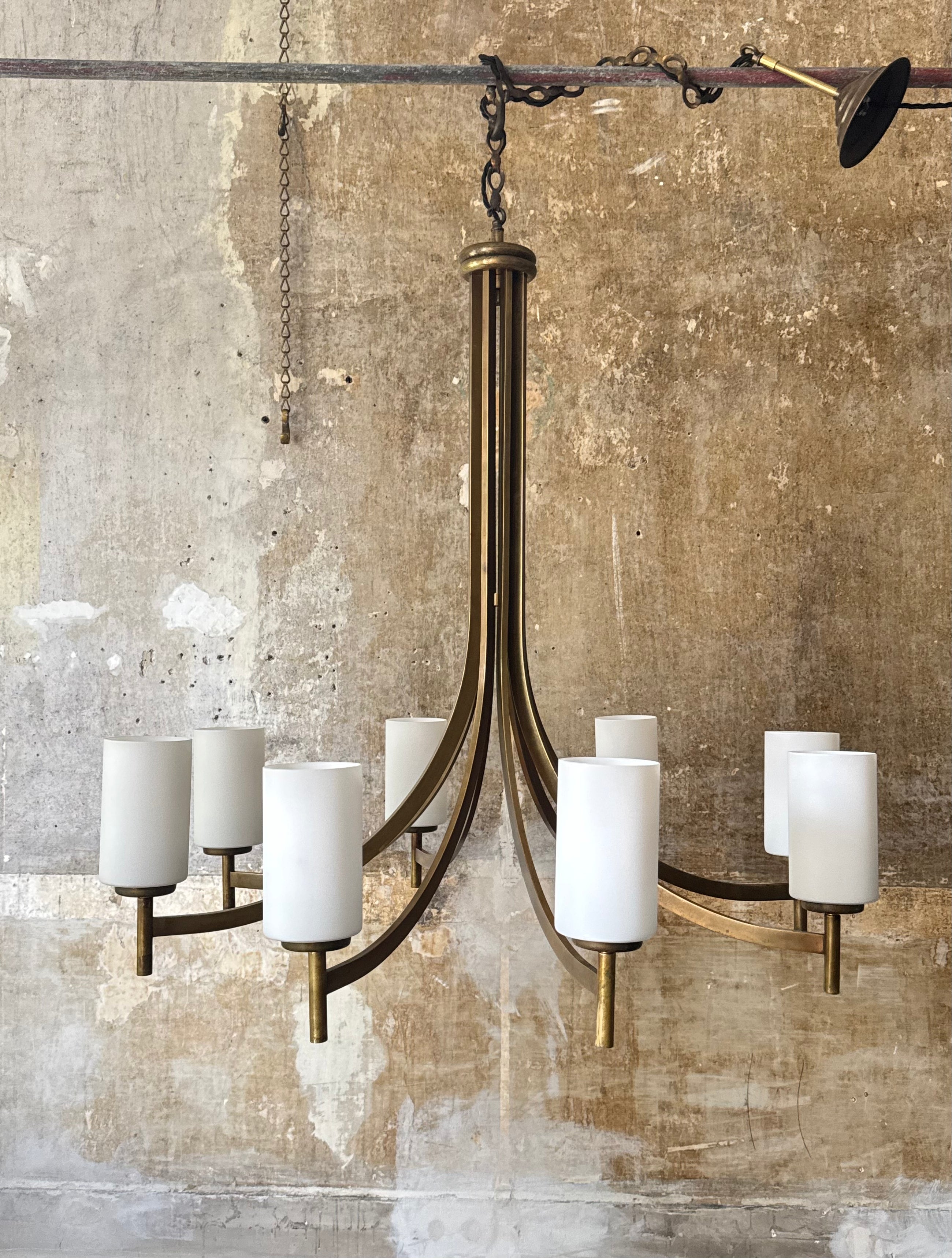 Brass & Opaline Glass 1960s Italian Chandelier