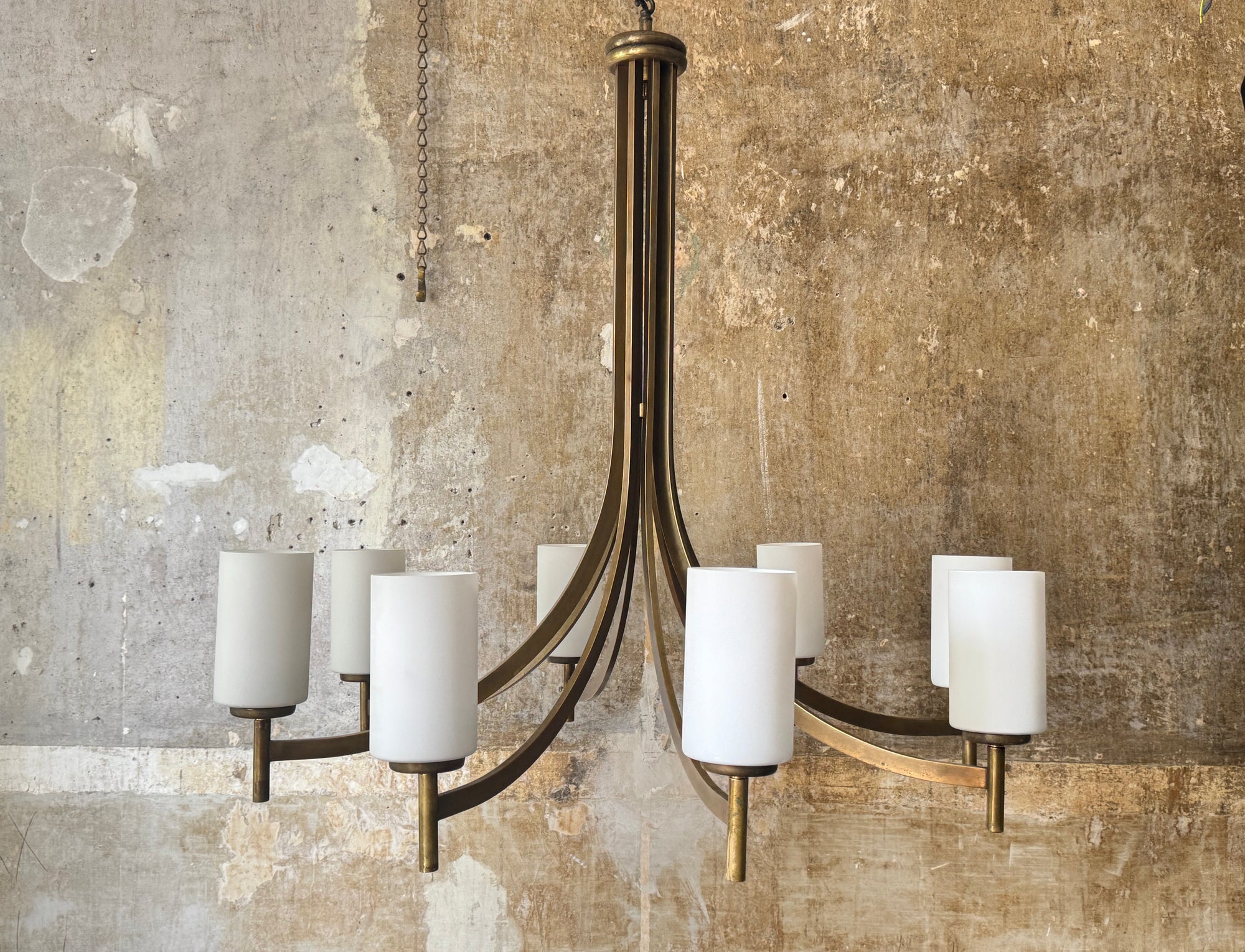 Brass & Opaline Glass 1960s Italian Chandelier