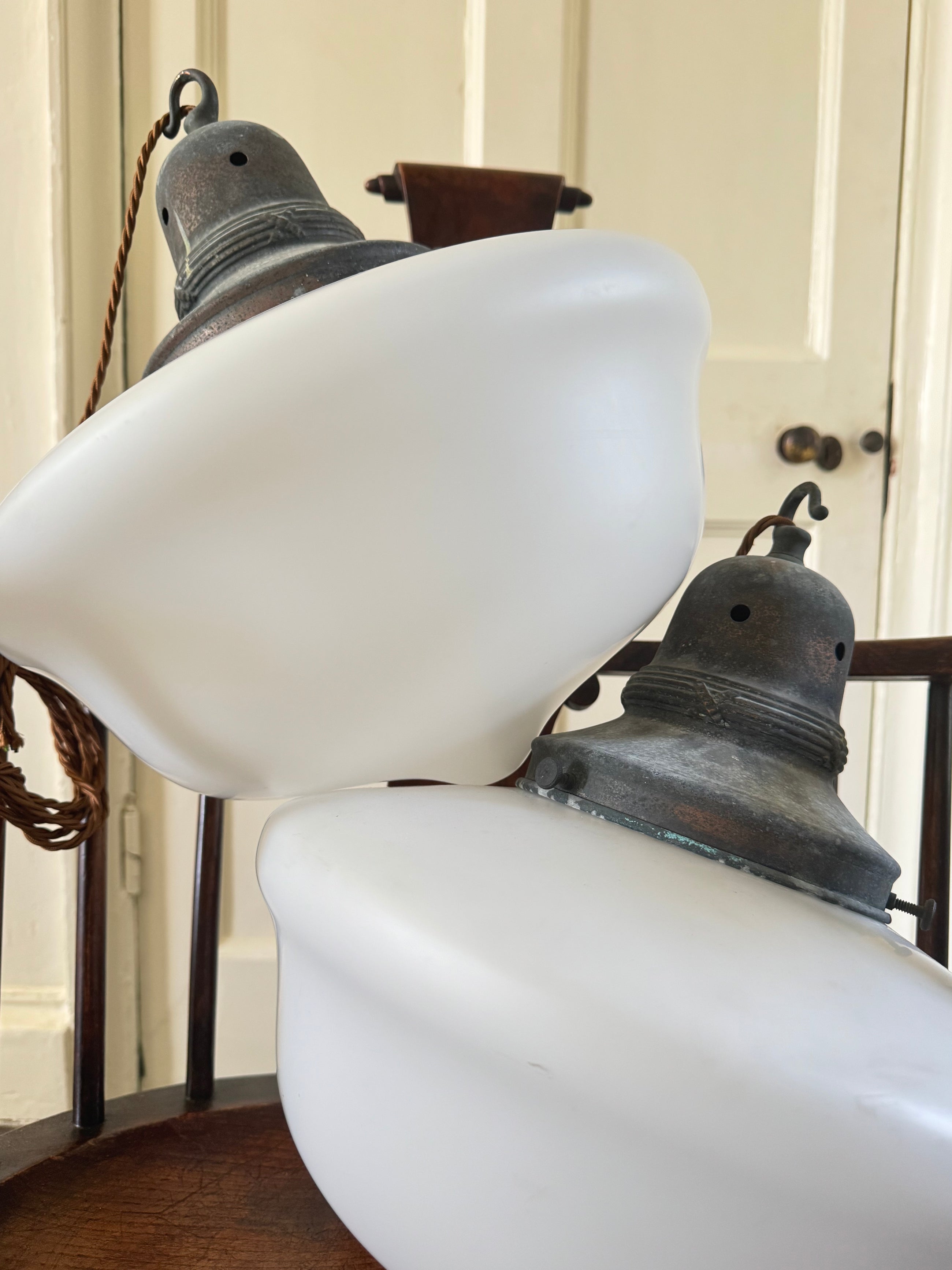 A Pair of Large Opaline Pendant Lights