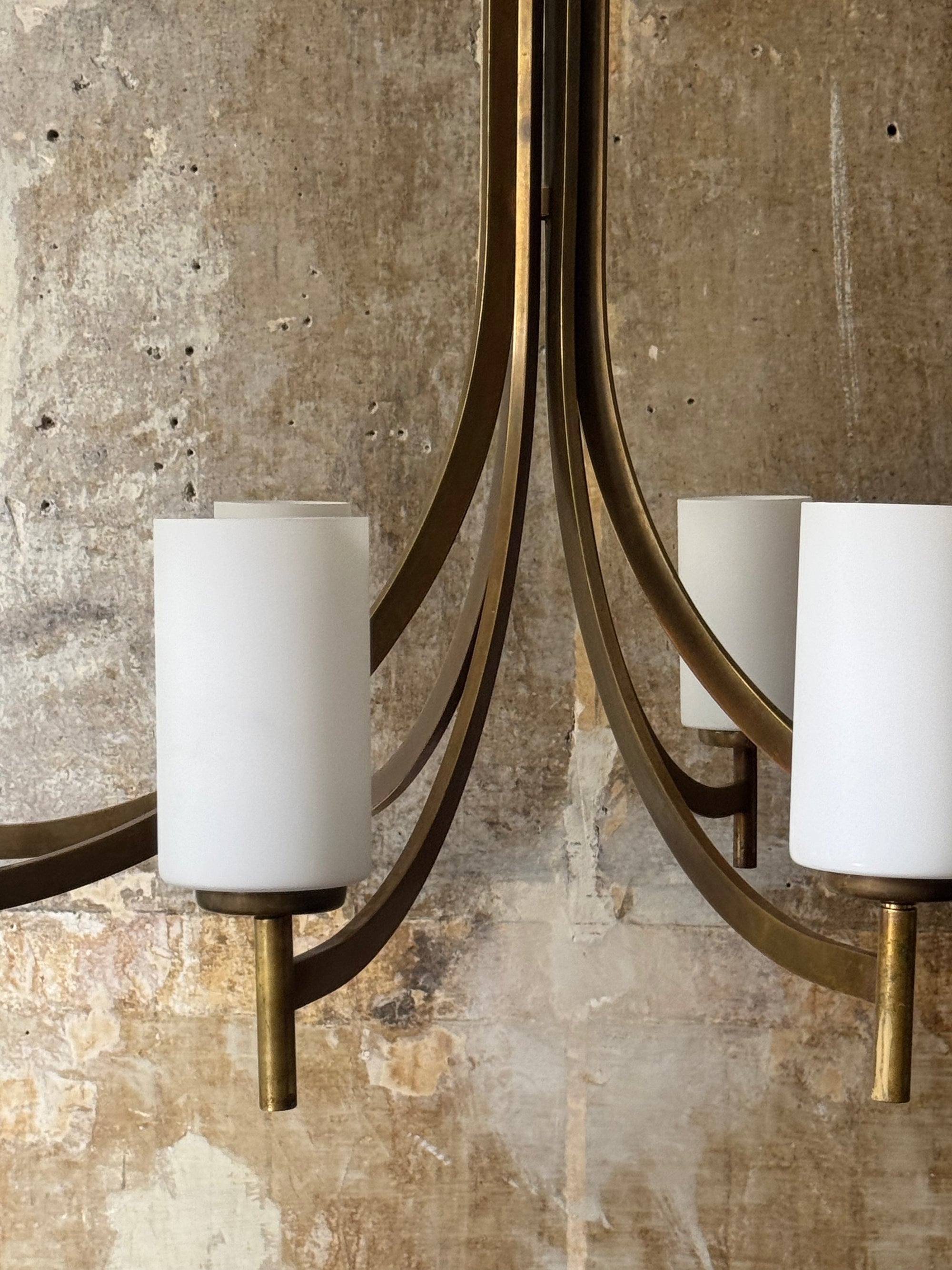 Brass & Opaline Glass 1960s Italian Chandelier