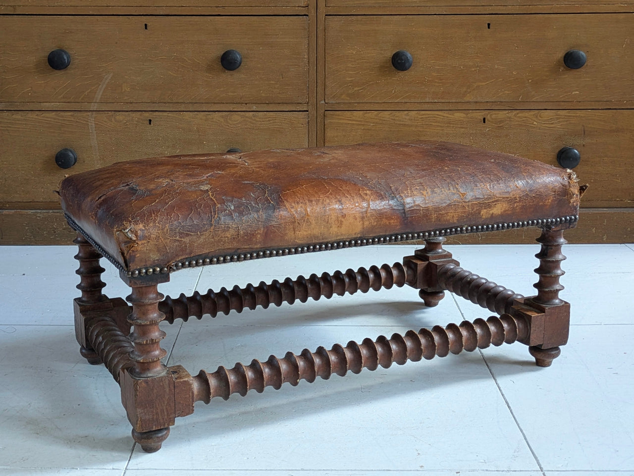 Bobbin Turned Leather Stool