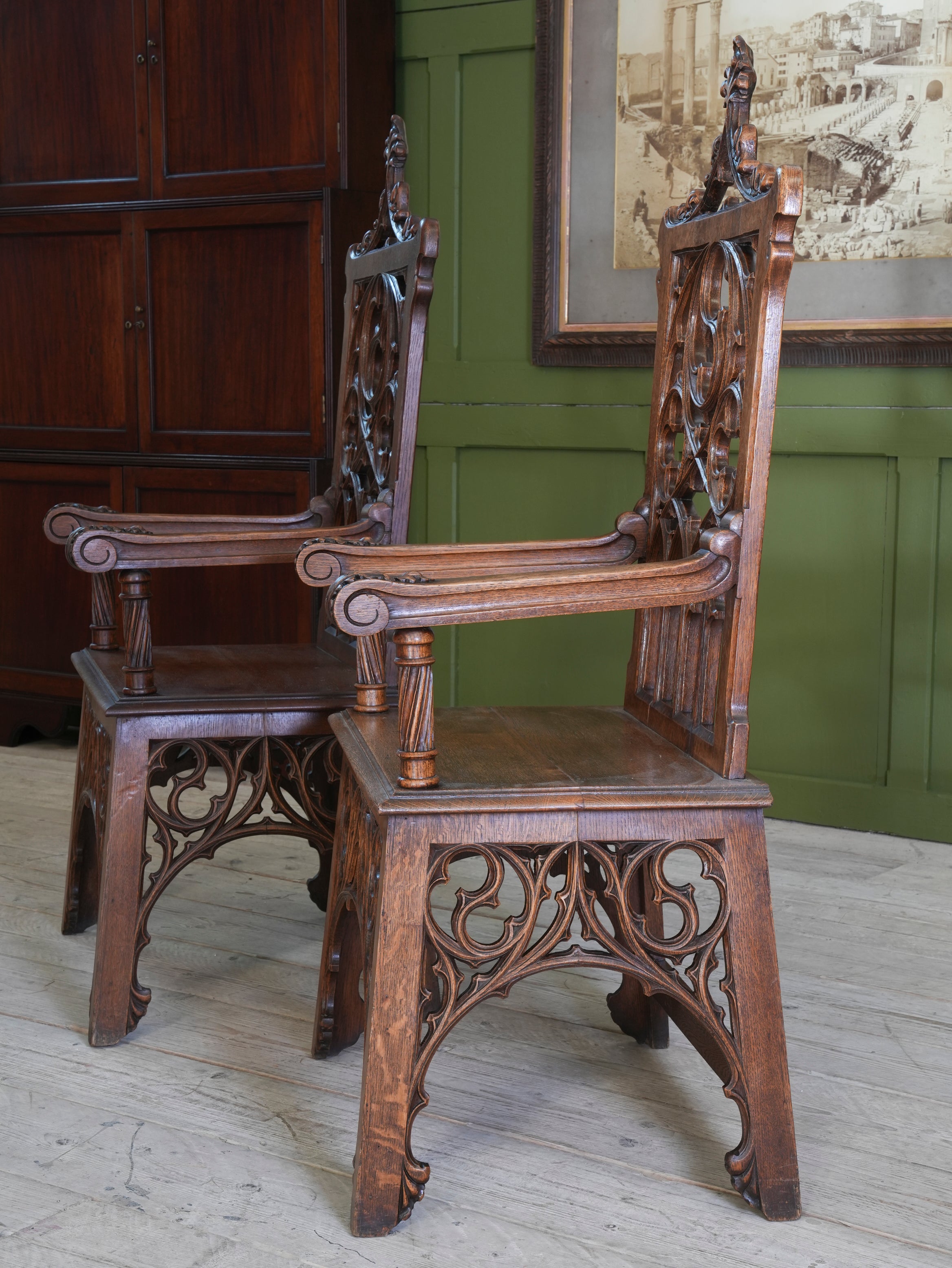 A Pair of 19th Century Oak Gothic Revival Armchairs