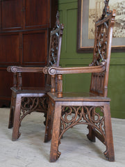A Pair of 19th Century Oak Gothic Revival Armchairs