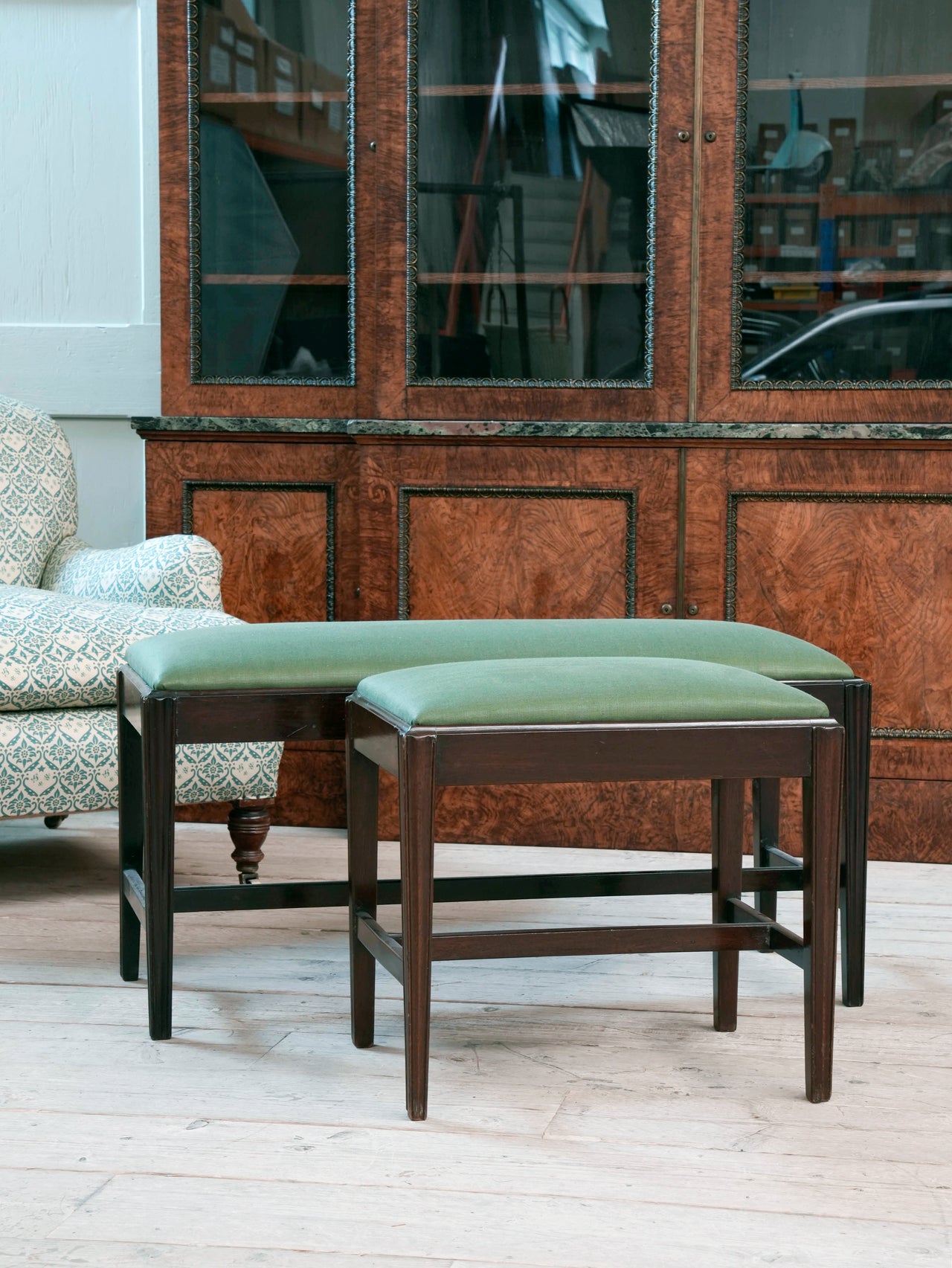 Two George III Upholstered Mahogany Stools
