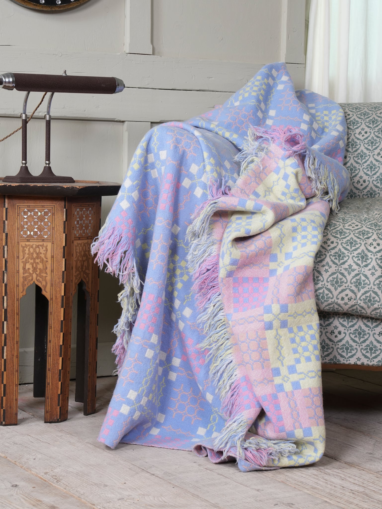 Primrose, Coral & Blue Welsh Tapestry Blanket Drew Pritchard Ltd