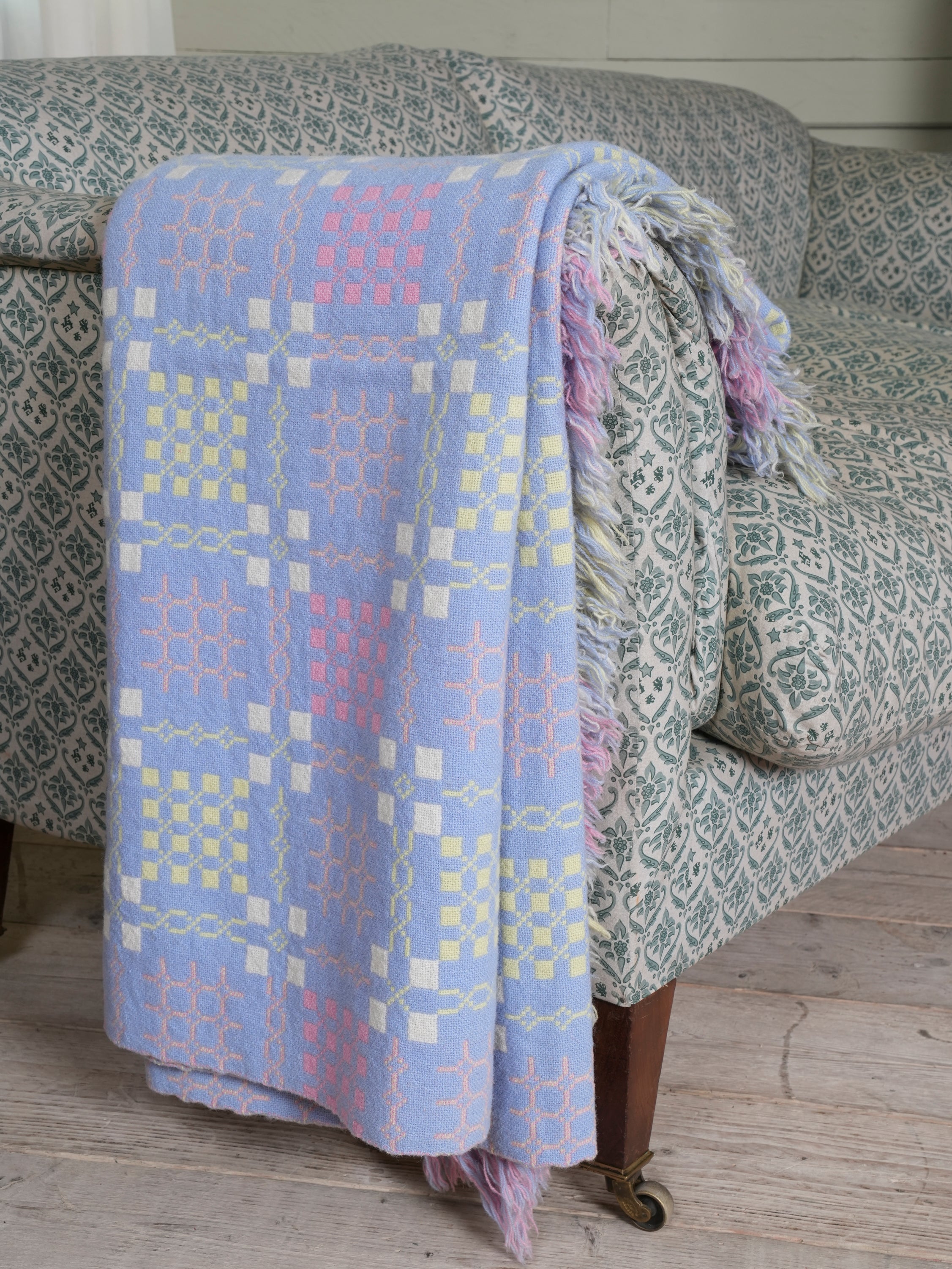 Primrose, Coral & Blue Welsh Tapestry Blanket