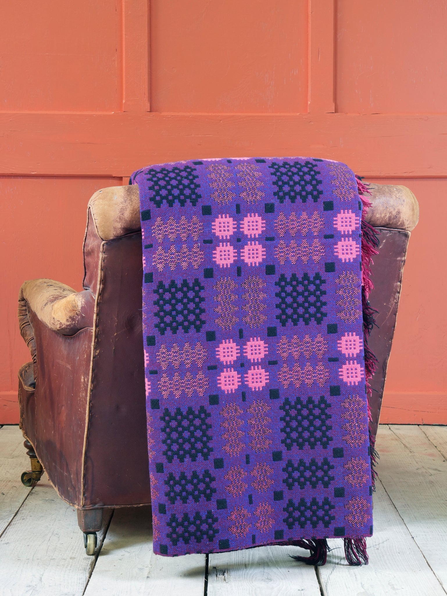 A Purple Liquorice & Pink Welsh Tapestry Blanket Drew Pritchard Ltd