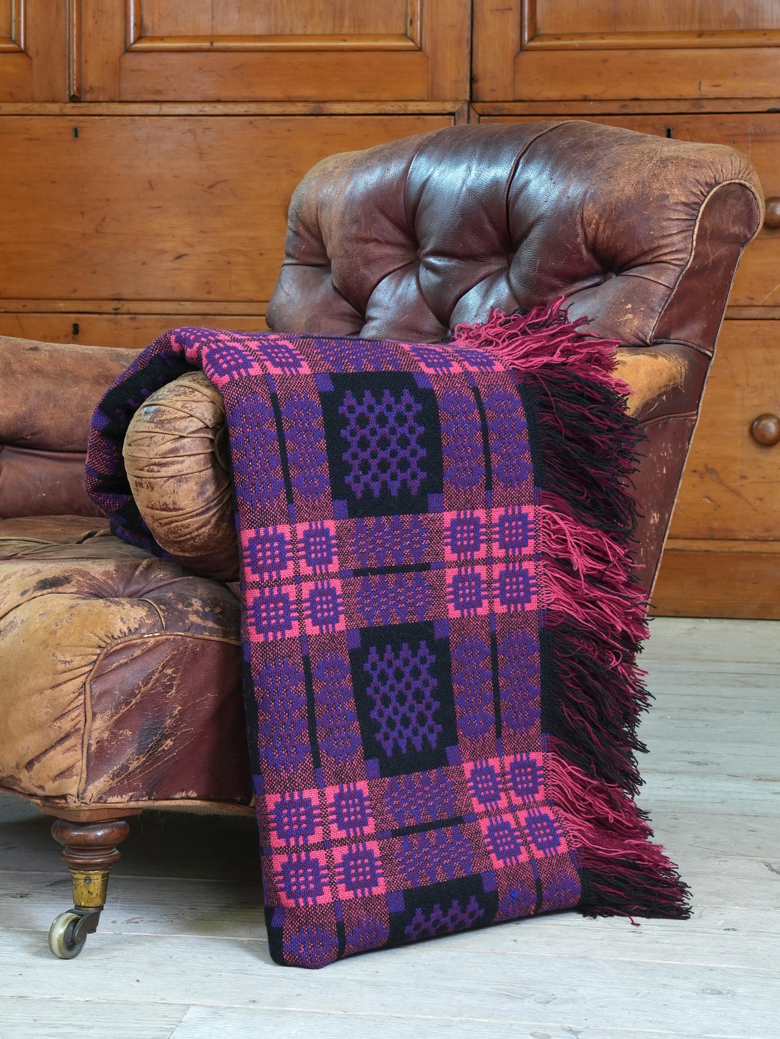 A Purple Liquorice & Pink Welsh Tapestry Blanket Drew Pritchard Ltd