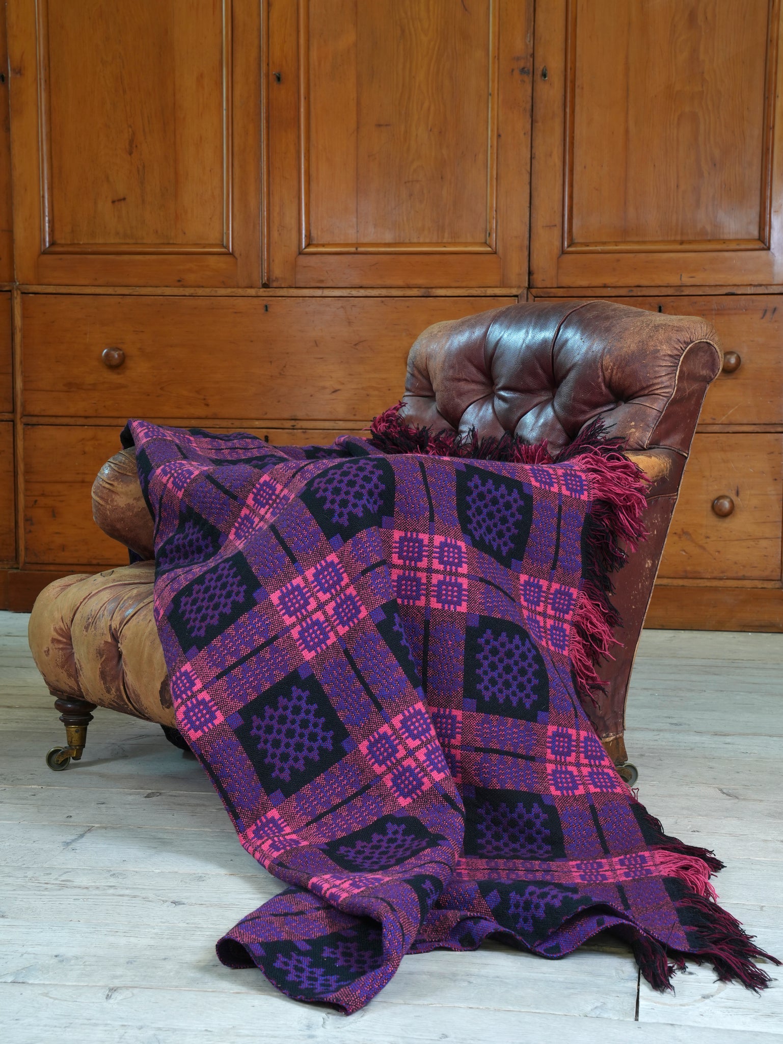 A Purple Liquorice & Pink Welsh Tapestry Blanket Drew Pritchard Ltd
